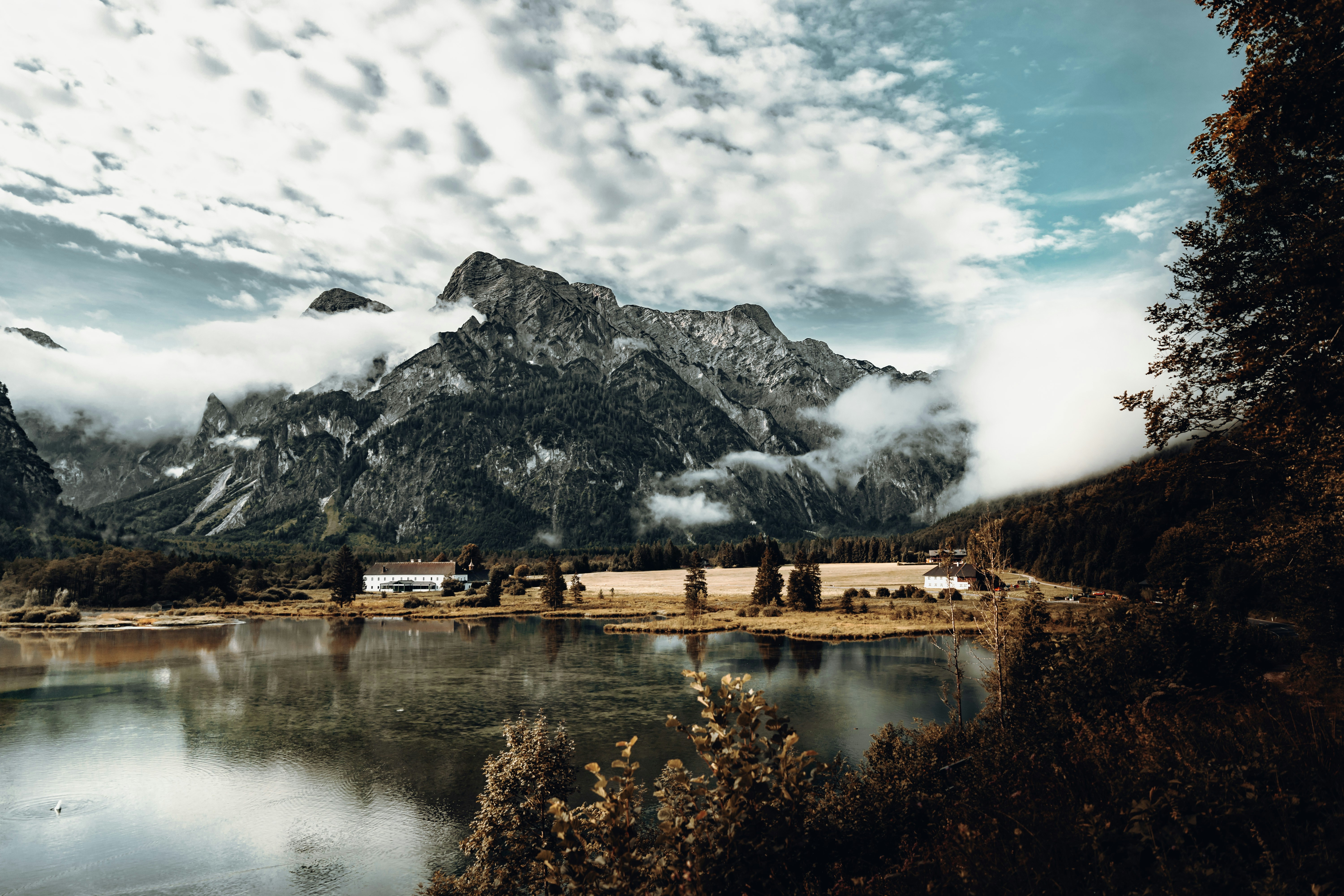 Nature Landscape Trees Mountains Clouds Sky House Water Lake Austria Chemtrails 6000x4000