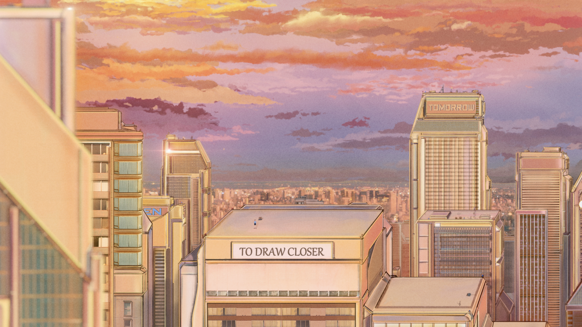 Building Digital Art Anime City City Sunset Glow Sunset Clouds Sky Anime Cityscape Rooftops Outdoors 1920x1080