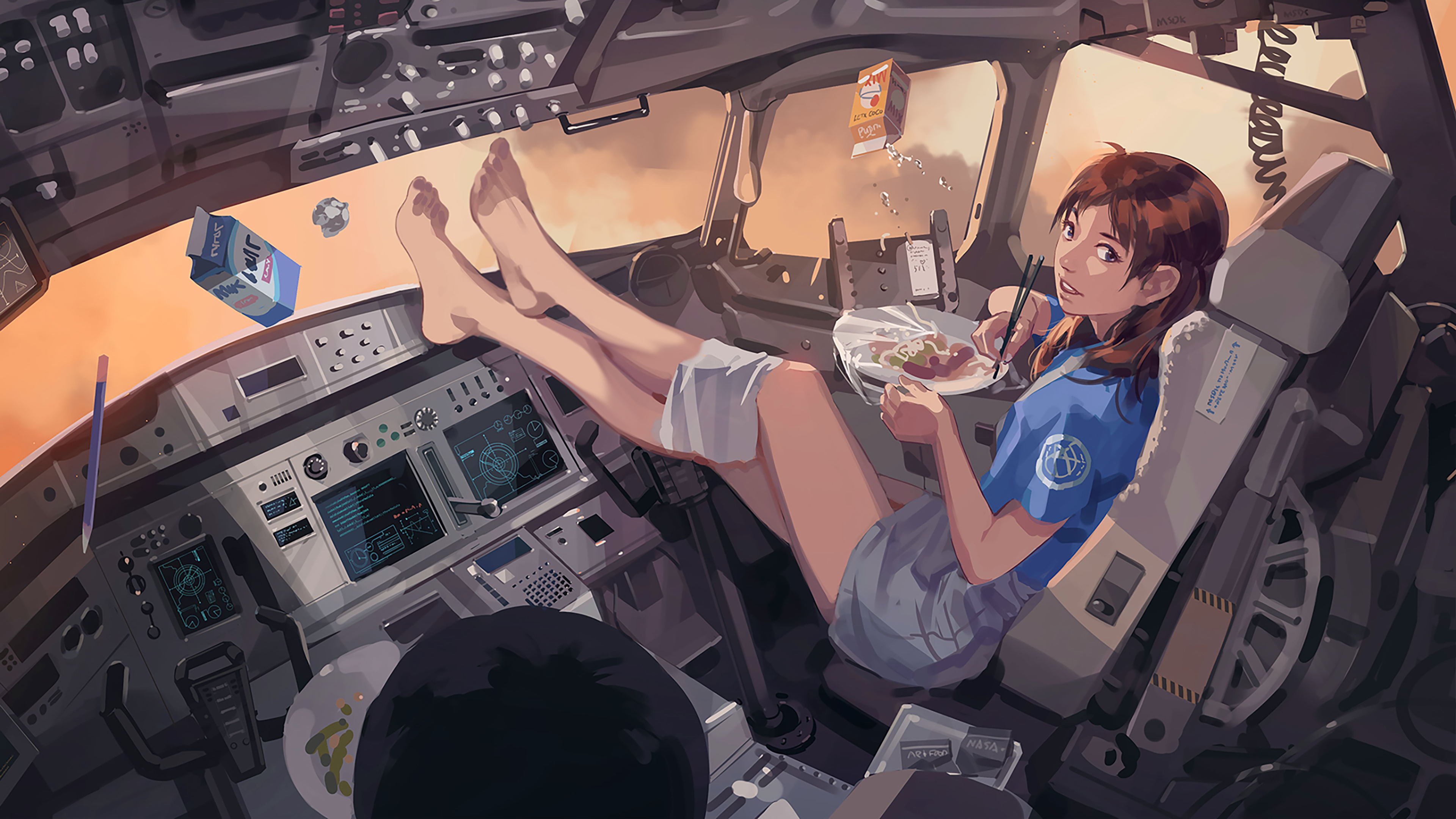 Space Space Shuttle Pilot Astronaut Legs Crossed Sitting Eating Vehicle Interiors 3840x2160