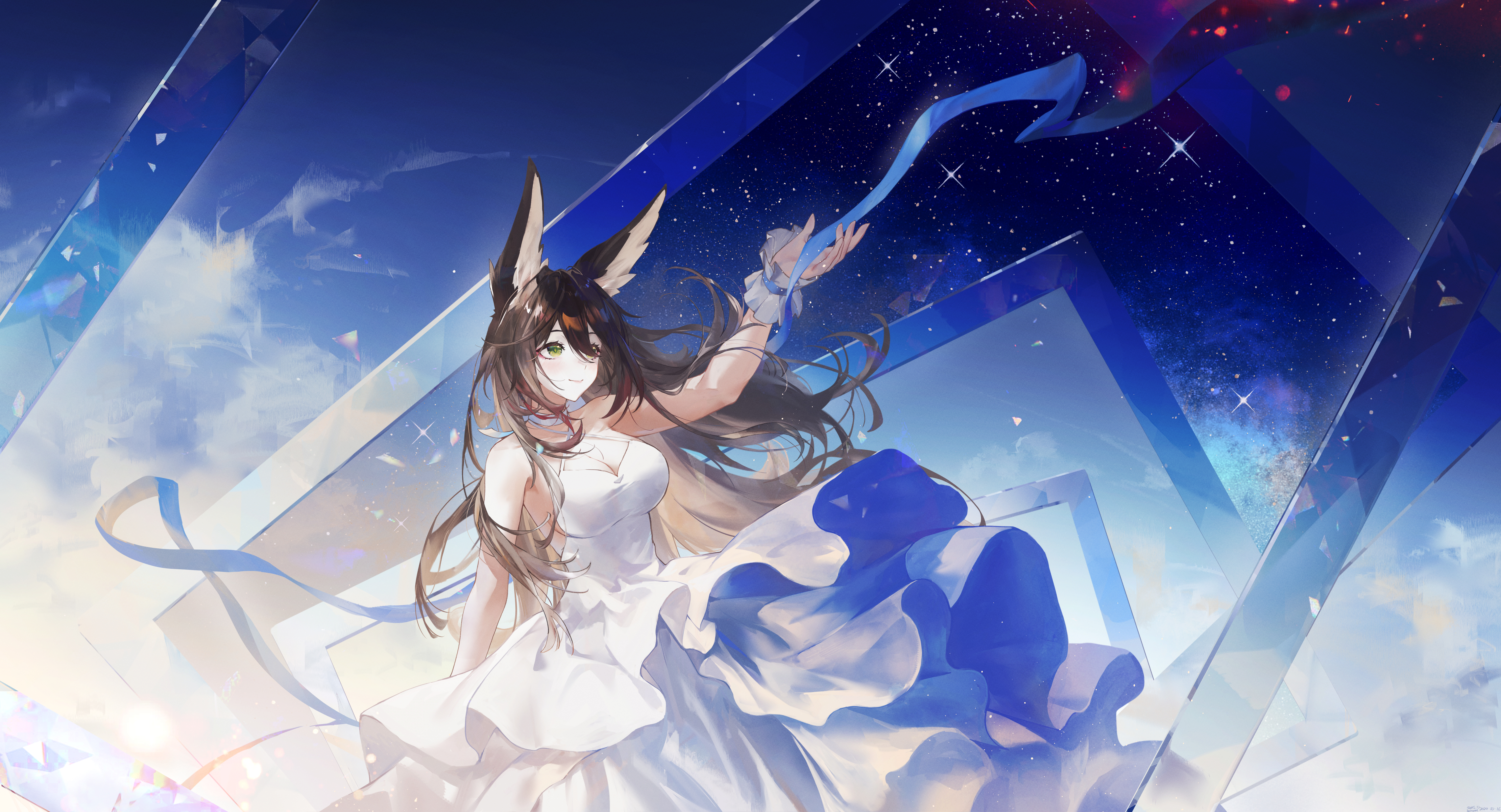 Honkai Star Rail SWKL Tingyun Honkai Star Rail Sleeveless White Dress Animal Ears Green Eyes Looking 7147x3866