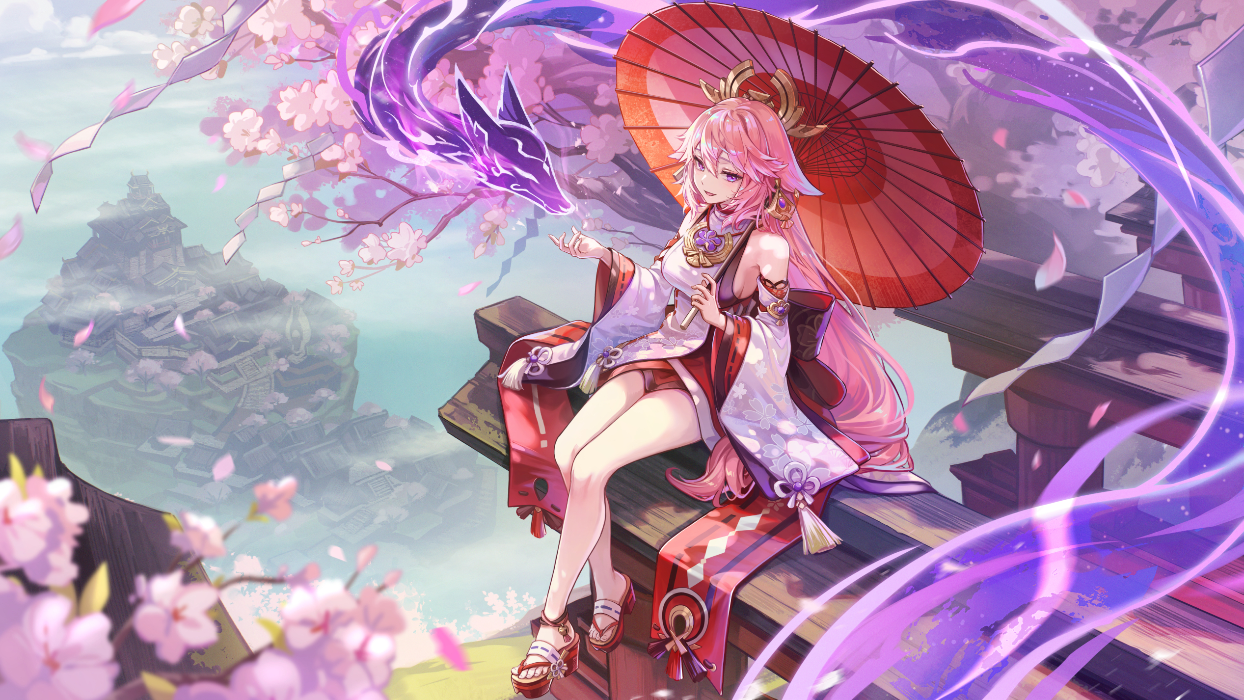 Genshin Impact Umbrella Looking At Viewer Long Hair Pink Hair Women Outdoors Detached Sleeves Petals 2534x1426