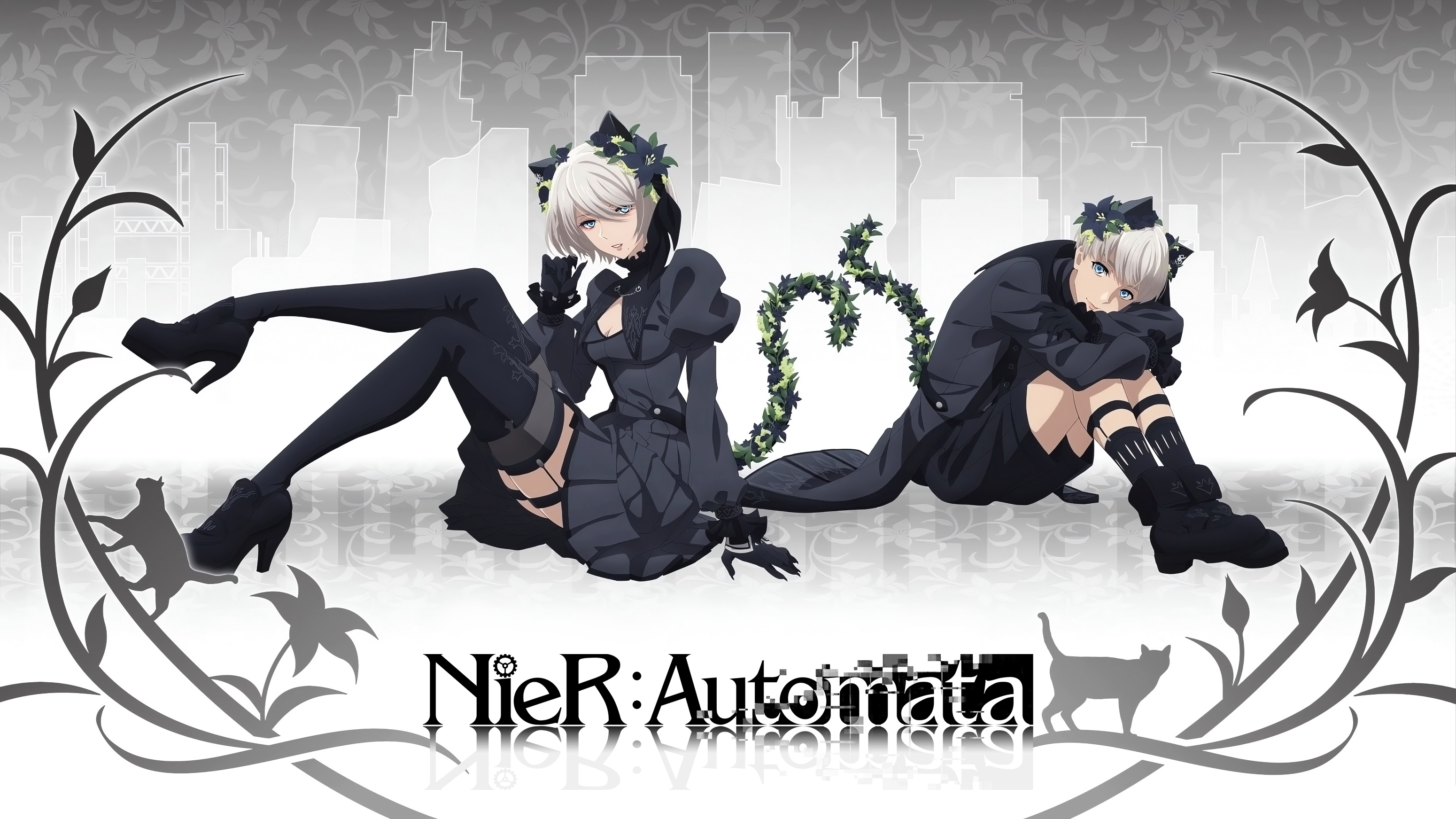 Nier Automata 2B Nier Automata 9S Nier Automata Black Dress Flowers Smiling Silver Hair Anime Girls  3100x1743