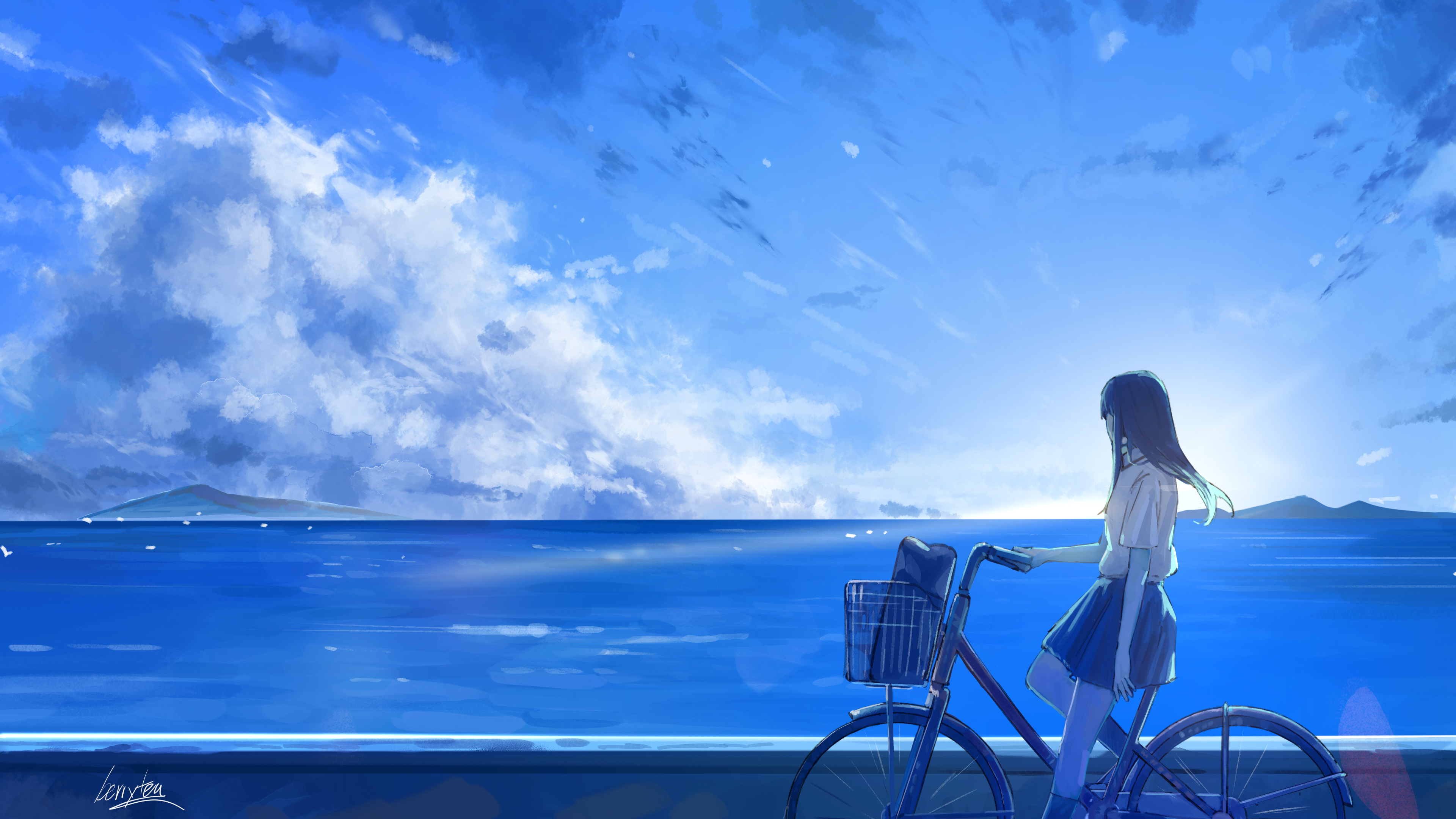 Artwork Digital Art Anime Anime Girls Bicycle Clouds Sea Sky Students Illustration 3840x2160