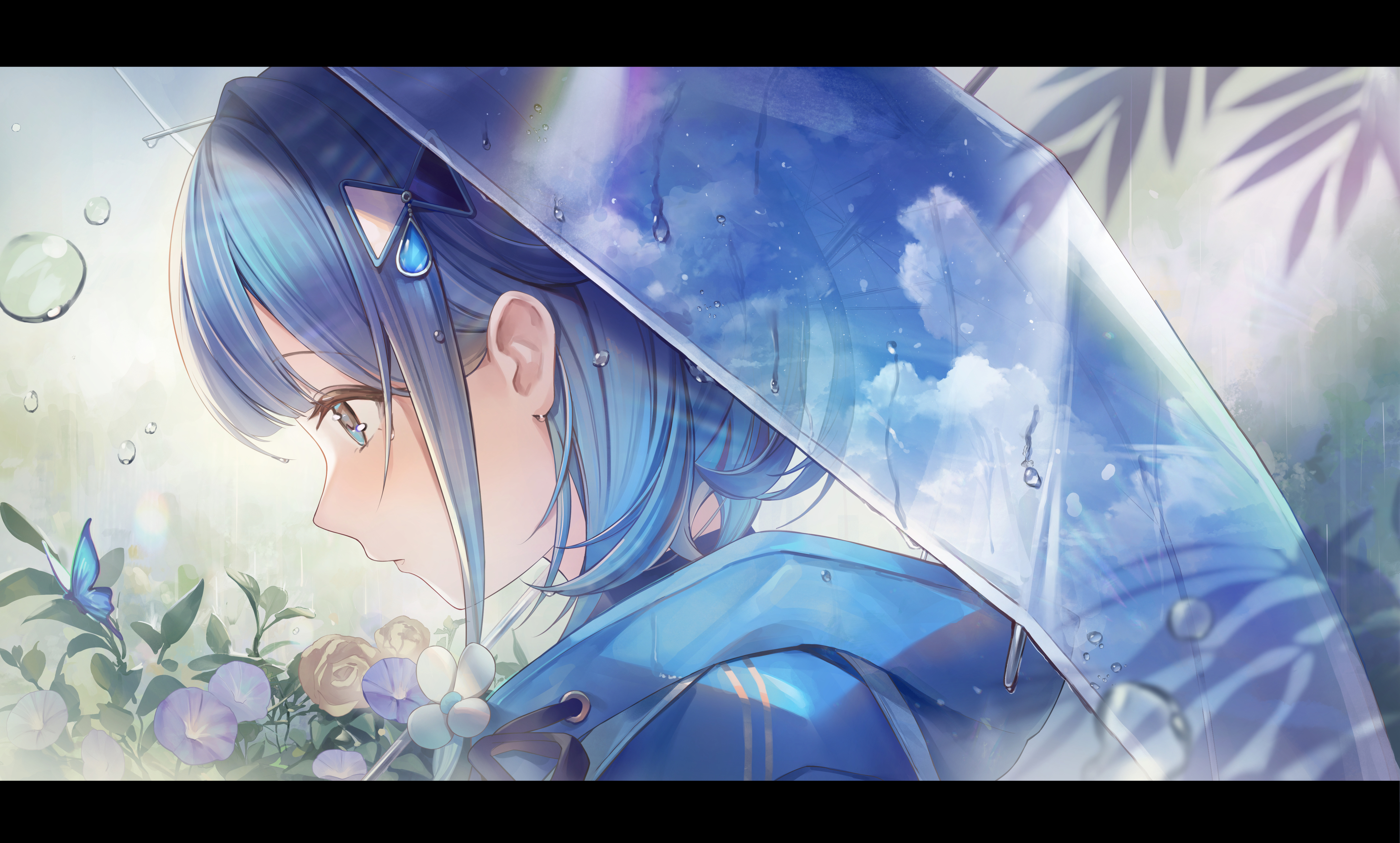 Anime Anime Girls Umbrella Flowers Water Drops Blue Hair Short Hair Clouds Rain Butterfly Virtual Yo 4327x2607