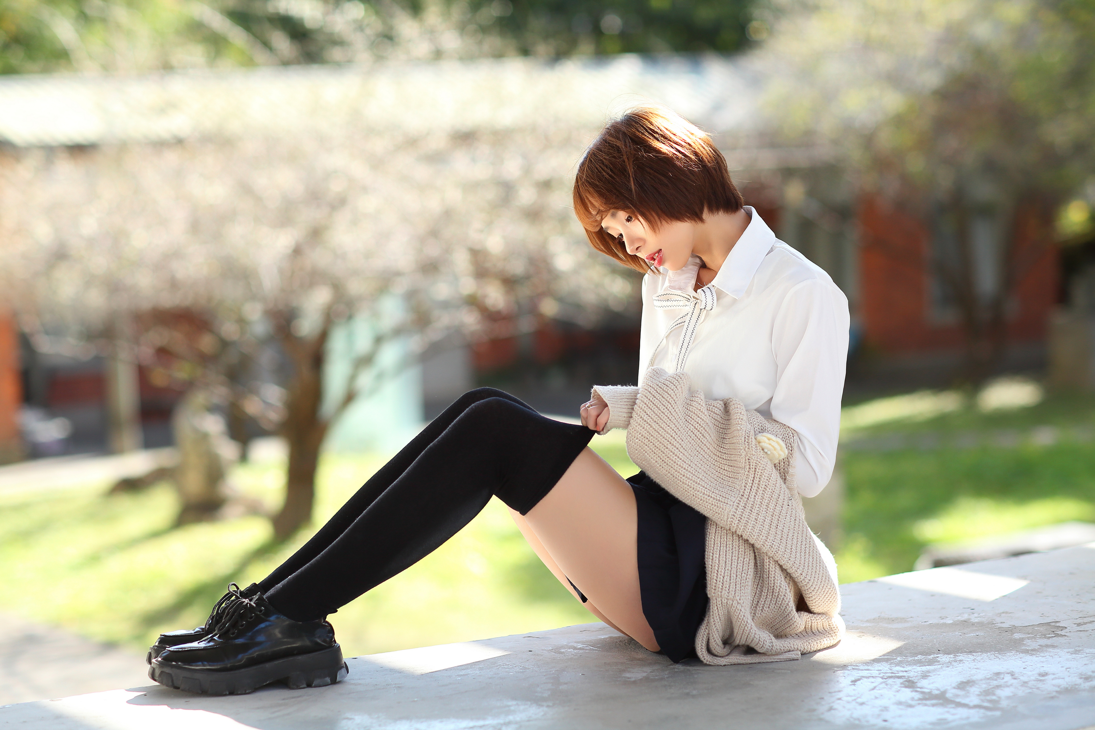 Asian Model Women Dark Hair Sitting Thigh Highs School Uniform 3840x2560