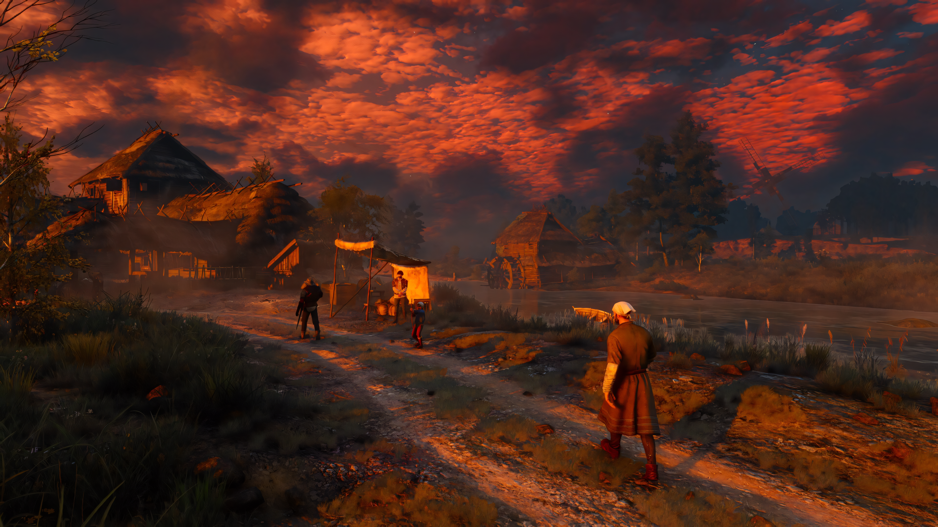 Folk People Video Game Art Video Games The Witcher 3 Wild Hunt Village Red Sky Golden Hour 3840x2160