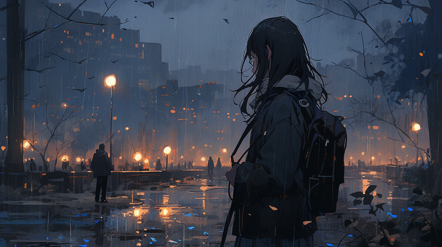 Anime Girls Night City Lights Street Light Rain Schoolgirl Long Hair Schoolbags Bag Jacket Skirt Peo 1456x816
