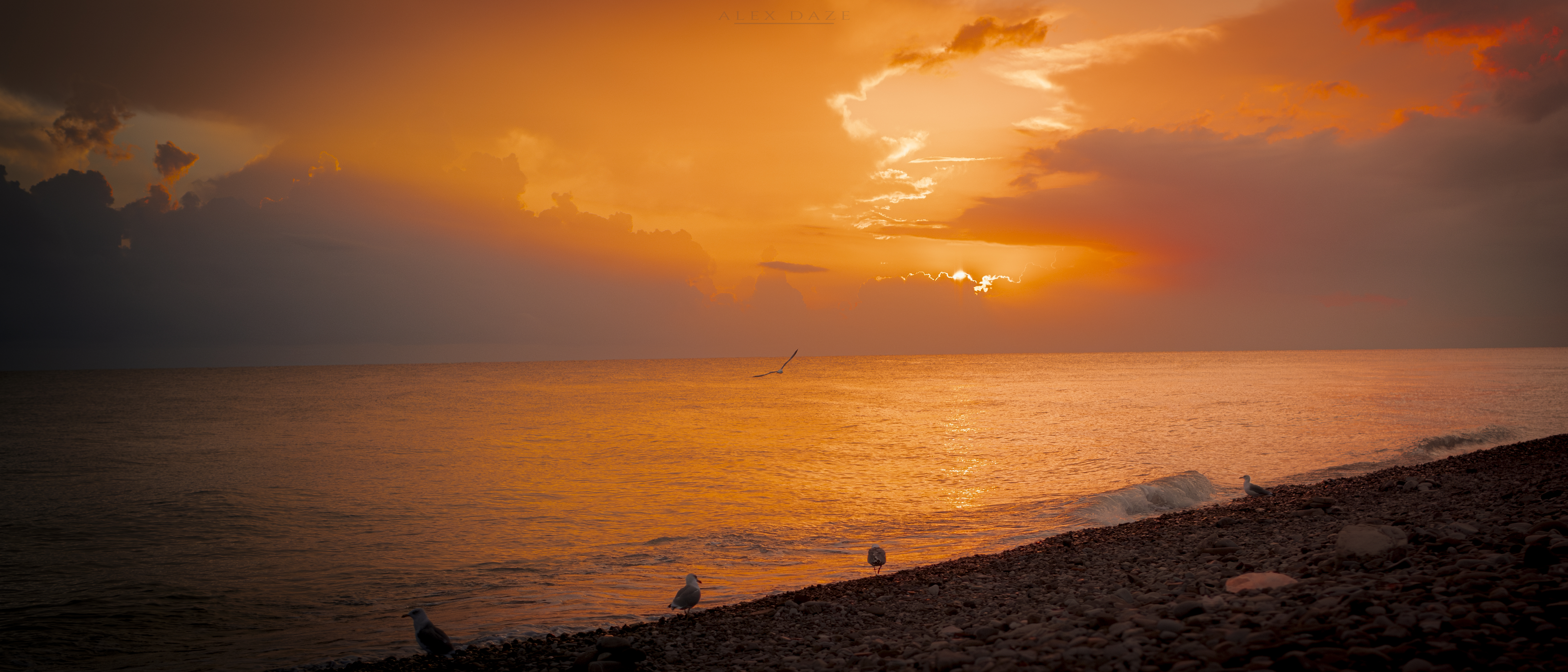 Photography Sunset Horizon Clouds Seagulls Seashore Rocks Sea Waves Low Light Ultrawide 5623x2409