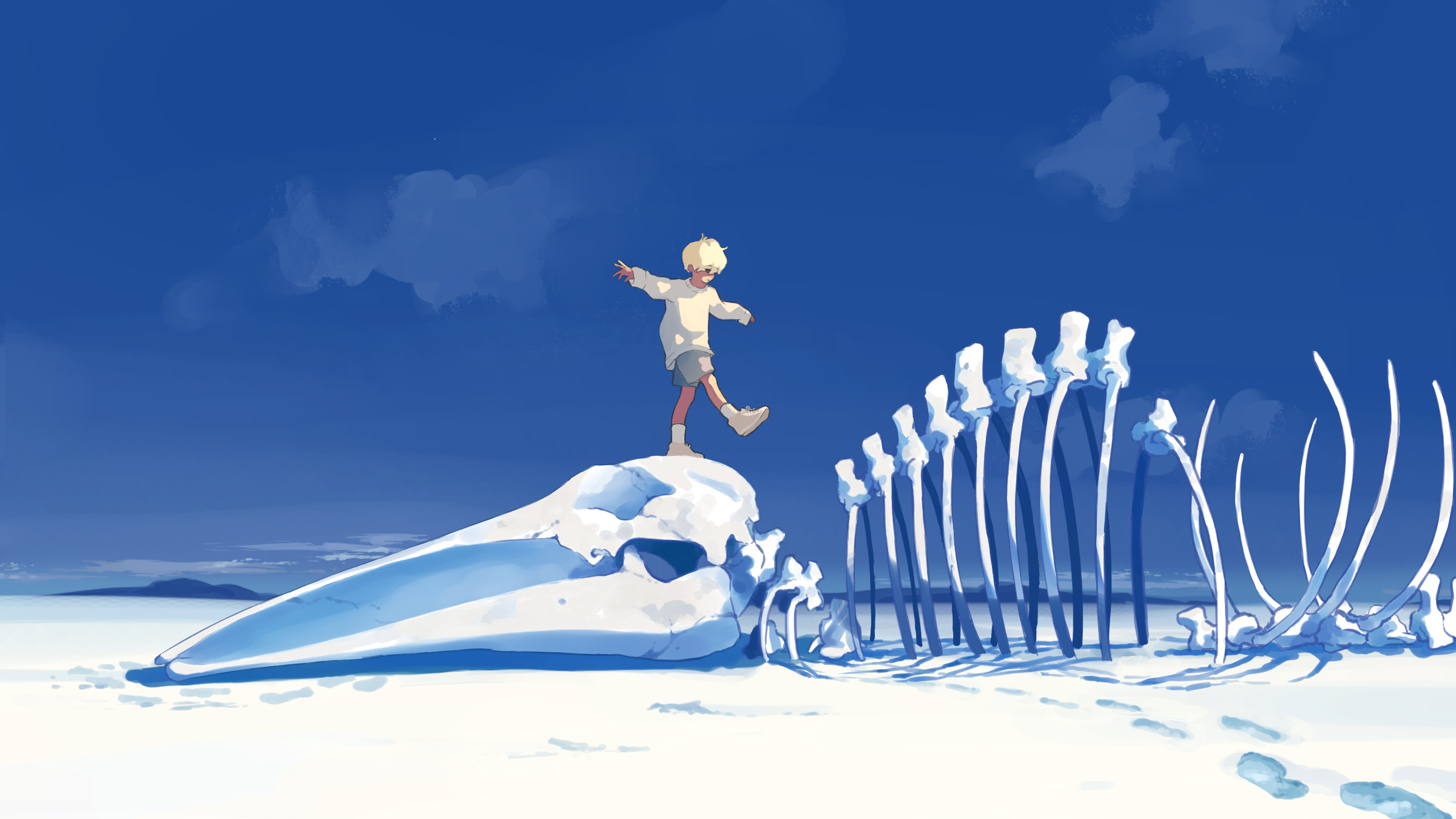 Taizo Digital Art Artwork Illustration Blue Bones Animals Desert Sand 2400x1350