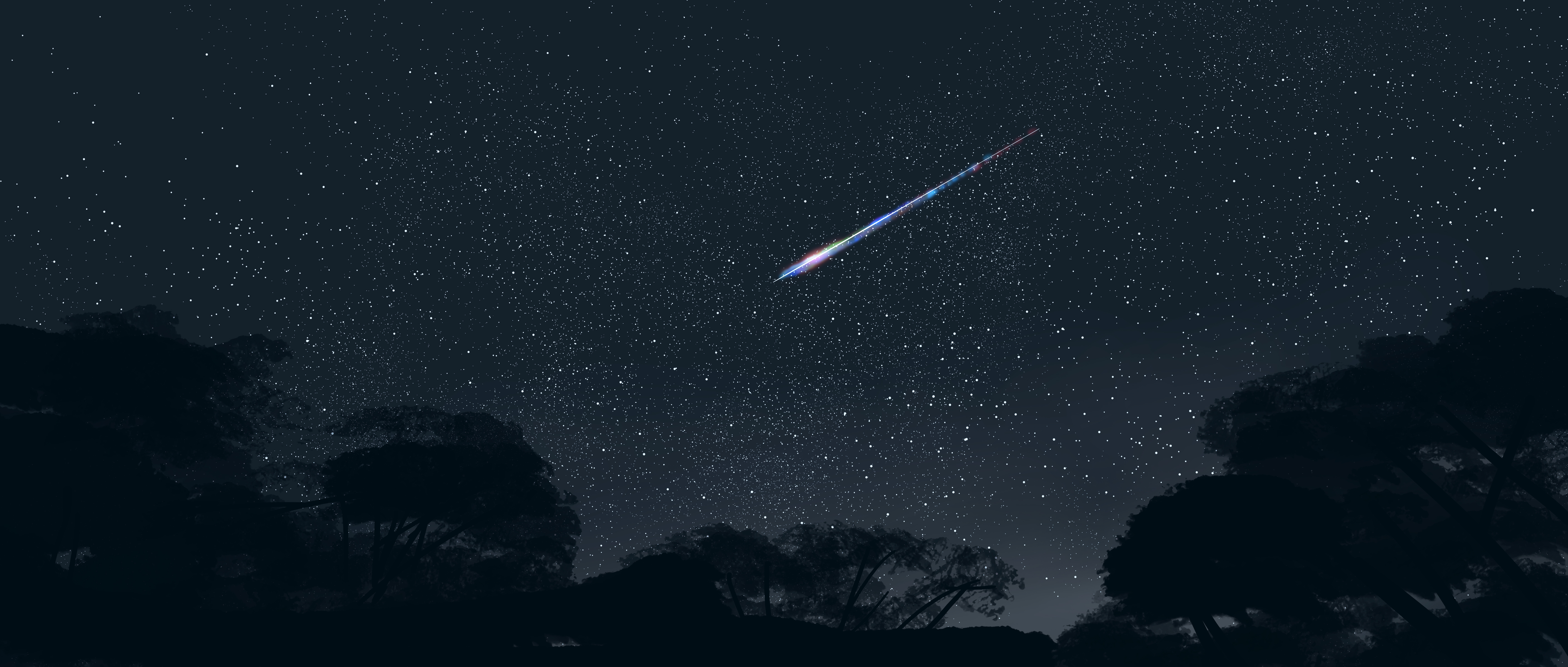 Gracile Digital Art Artwork Illustration Ultrawide Wide Screen Sky Forest Stars Starred Sky Shooting 5640x2400