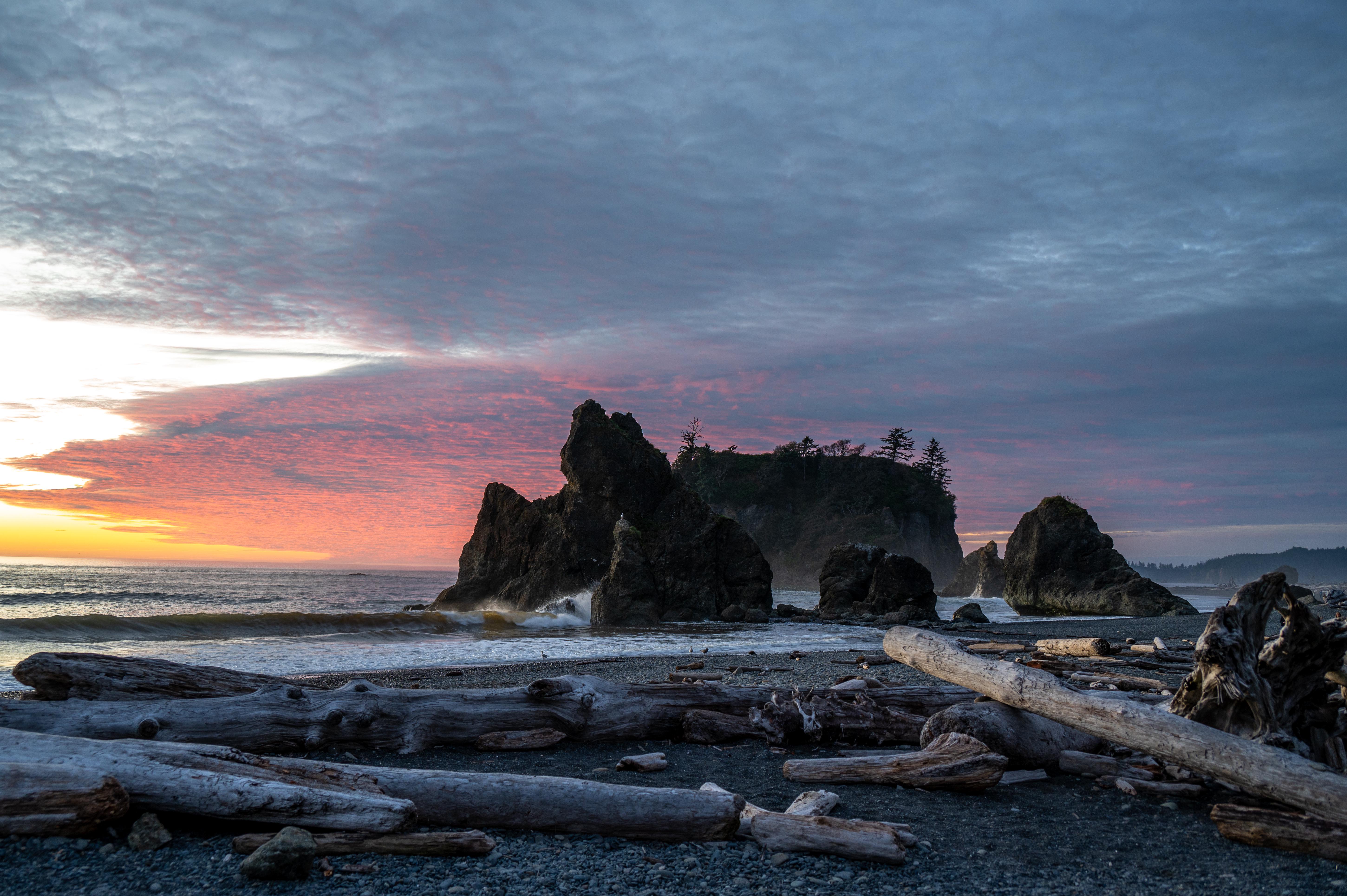 Clouds Sunset Beach Driftwood Island Landscape Nature Washington State USA North America Sea 5801x3860