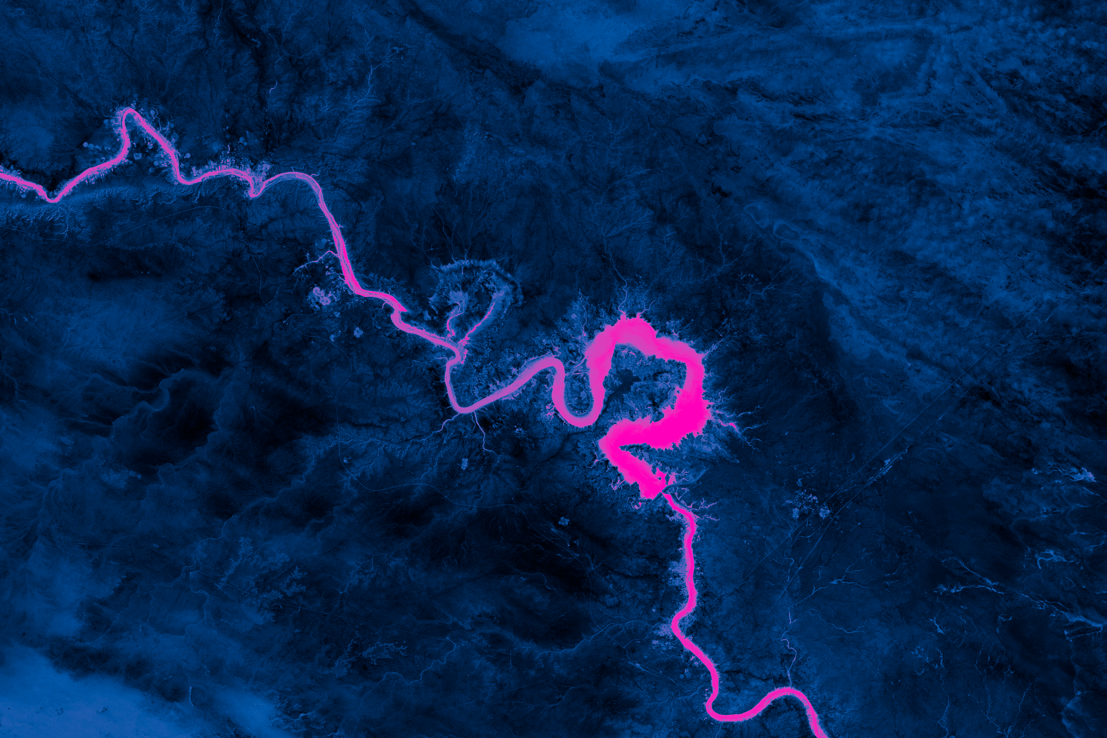 Neon Nature Synthwave Dark River Satellite Aerial View 3606x2404