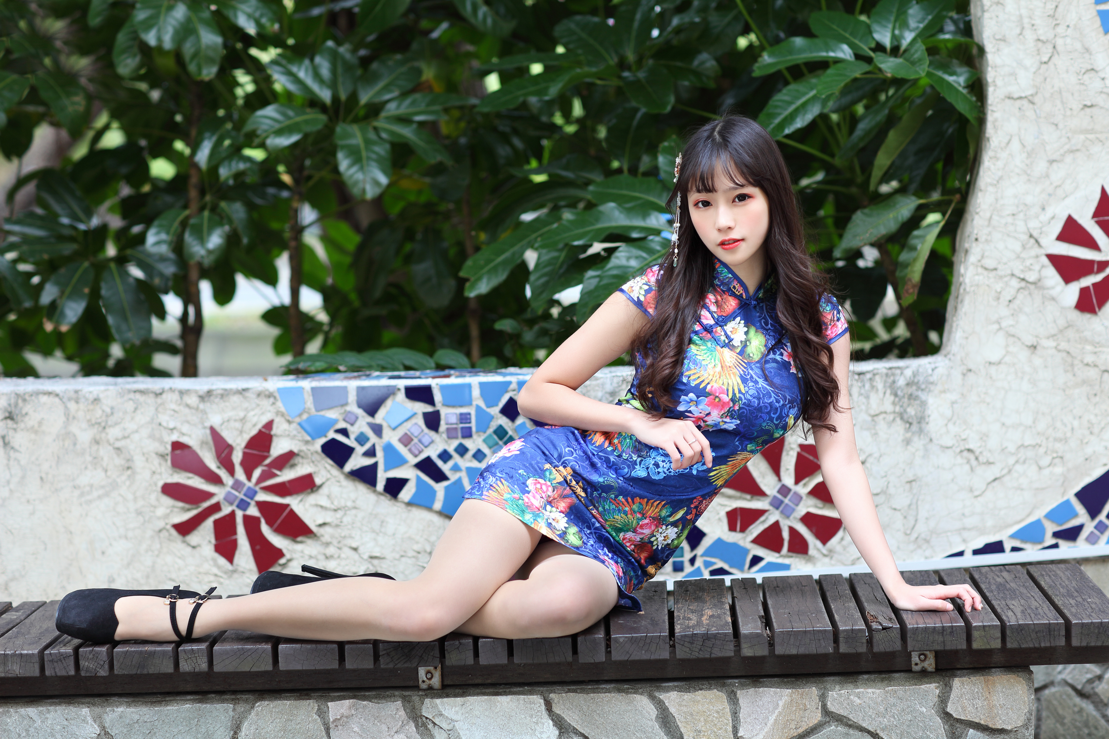 Asian Model Women Long Hair Dark Hair Lying On Side Bench 3840x2560