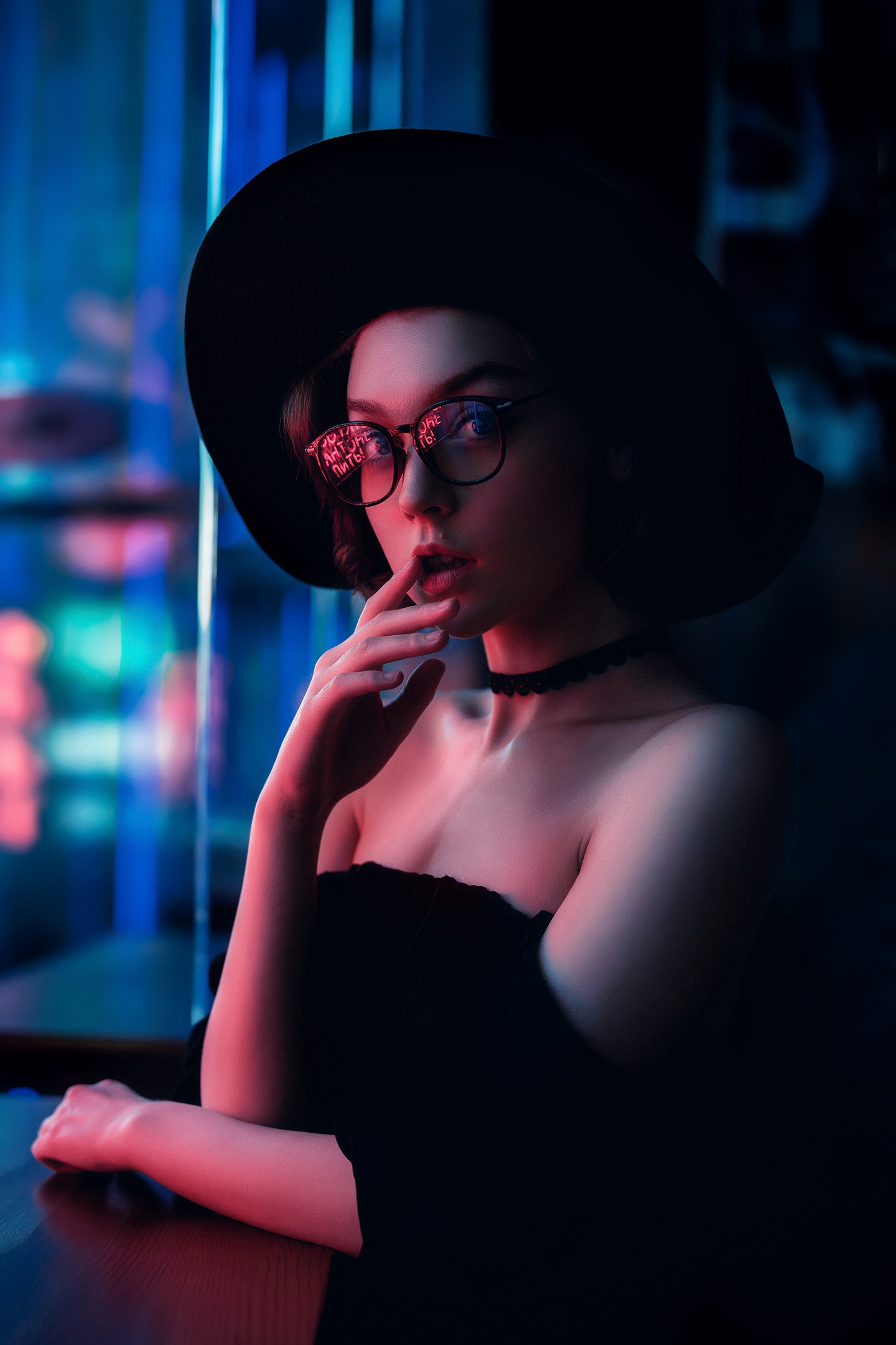 Olya Pushkina Karim Imamiev Neon Women Model Hat Glasses Women With Glasses Parted Lips Finger On Li 1440x2160