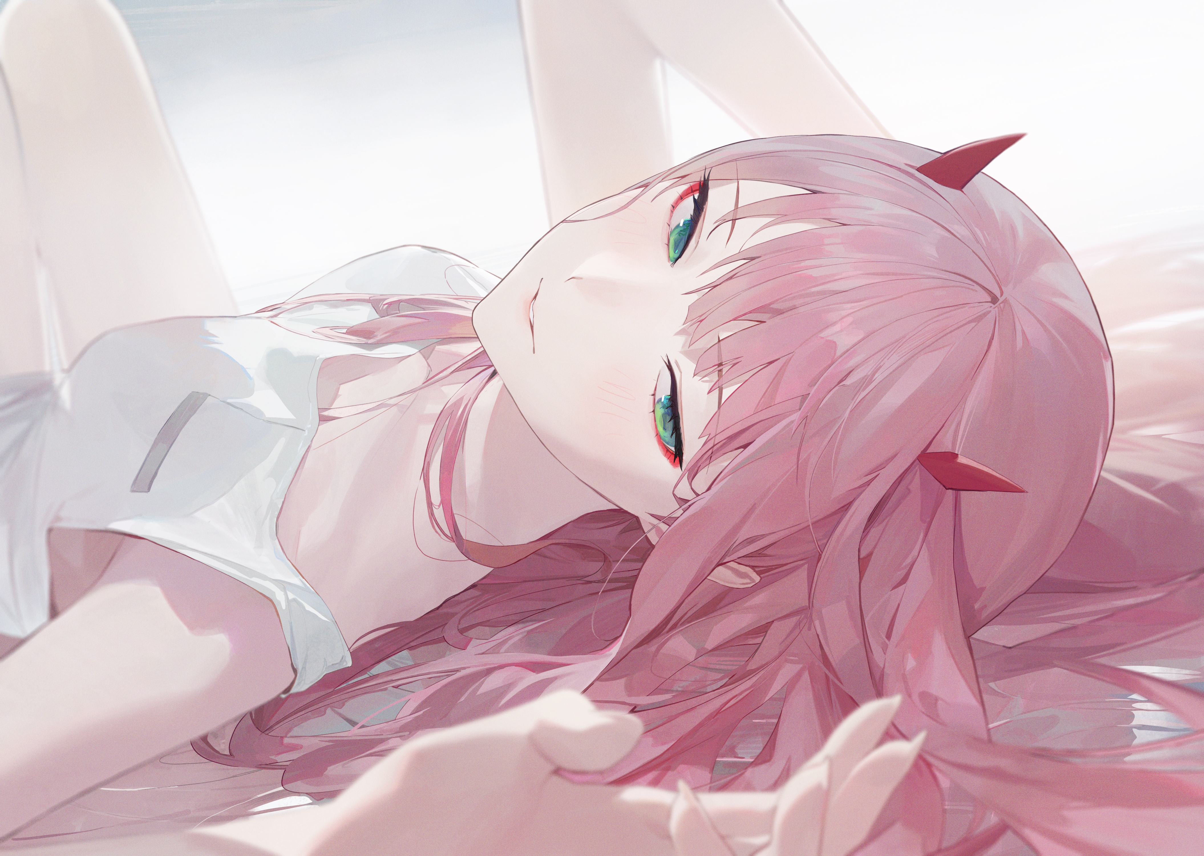 Mossi Artist Zero Two Darling In The FranXX Digital Art Pink Hair Lying Down Looking At Viewer 4221x3000