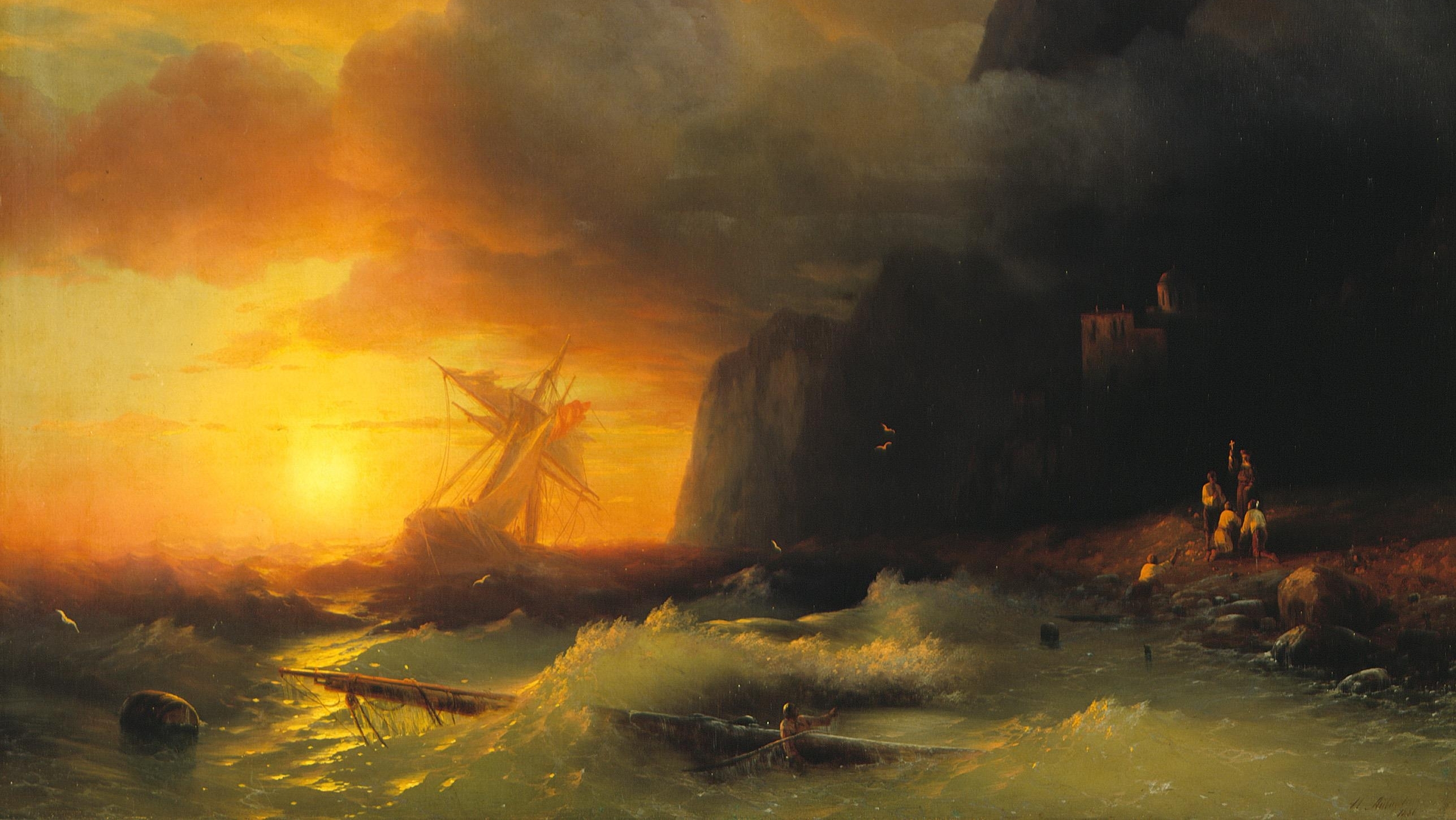 Ocean View Painting Maritime Horizon Sun Rays Mist Shipwreck Waves Classic Art 2575x1450