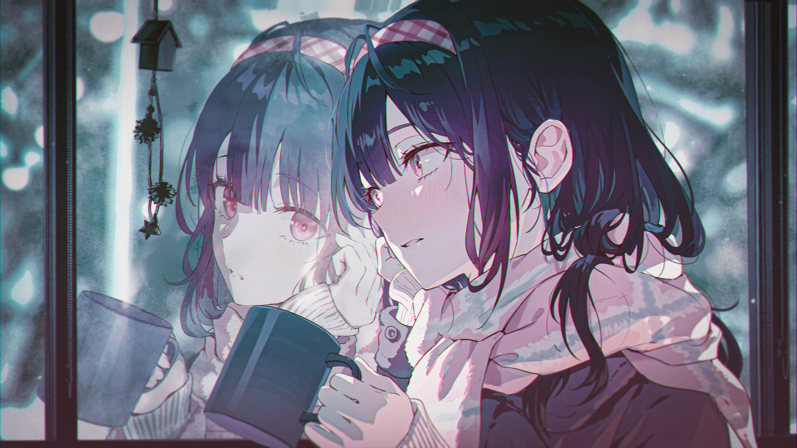 Anime Anime Girls Mug Reflection Red Eyes Scarf 2560x1440