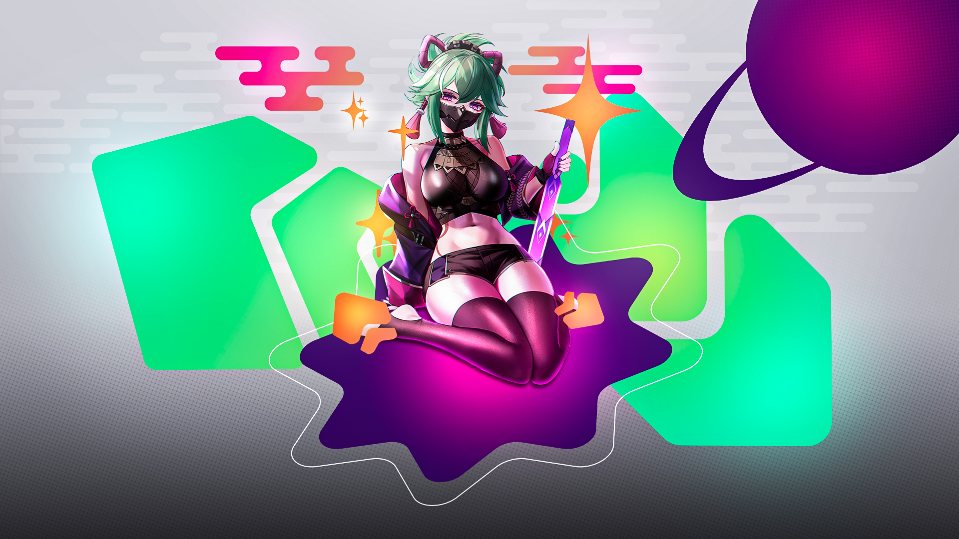 Kuki Shinobu Genshin Impact Colorful Shapes Abstract Green Hair Genshin Impact 1920x1080