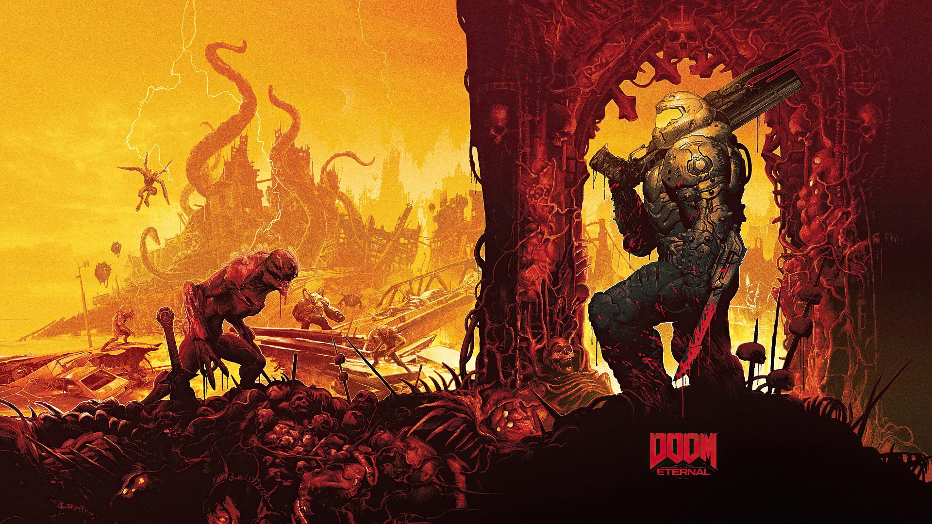 Drawing Doom Game DOOM Eternal Demon Shotgun Digital Art Video Games 1920x1080