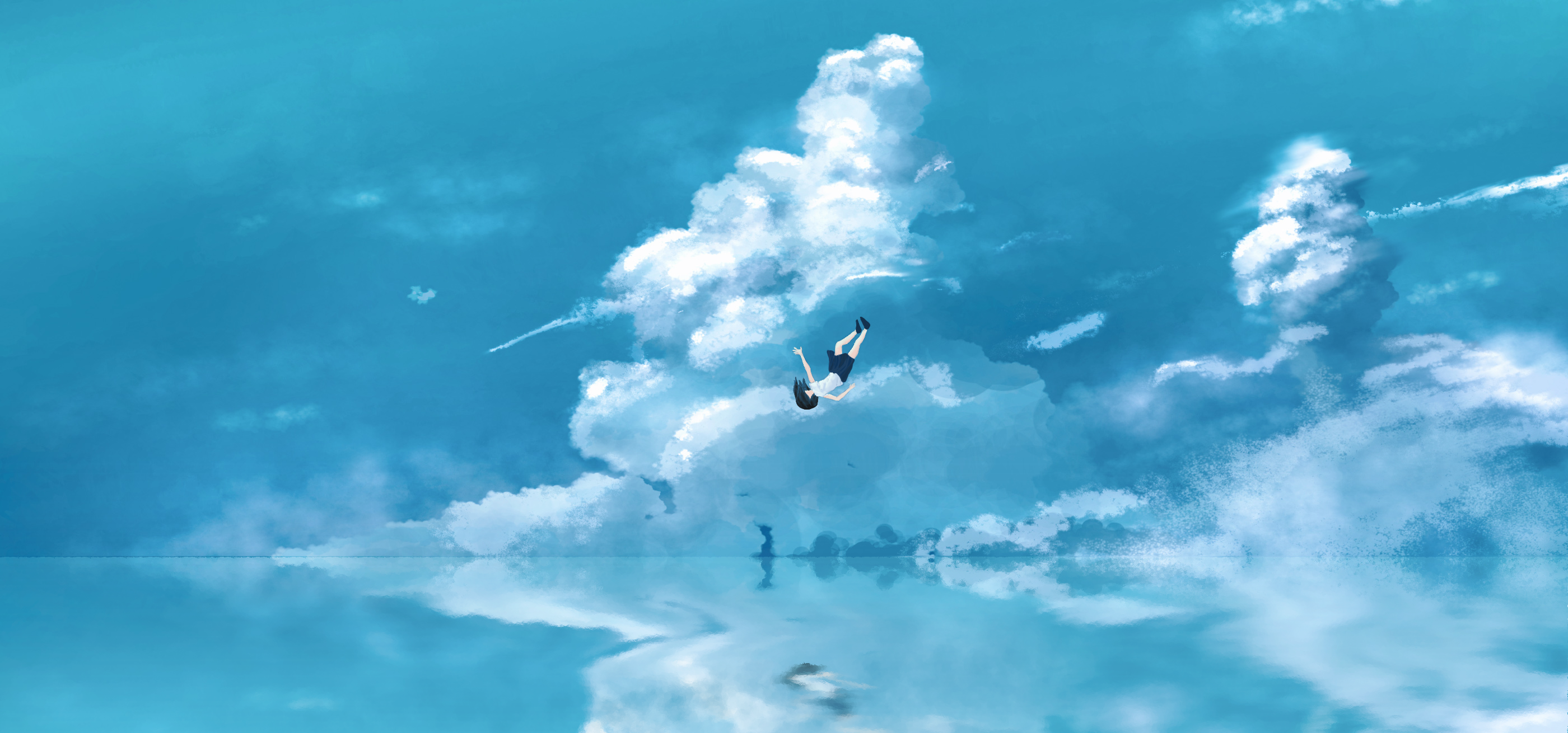 Anime Anime Girls Clouds Sea Sky Falling School Uniform Digital Painting 2800x1310