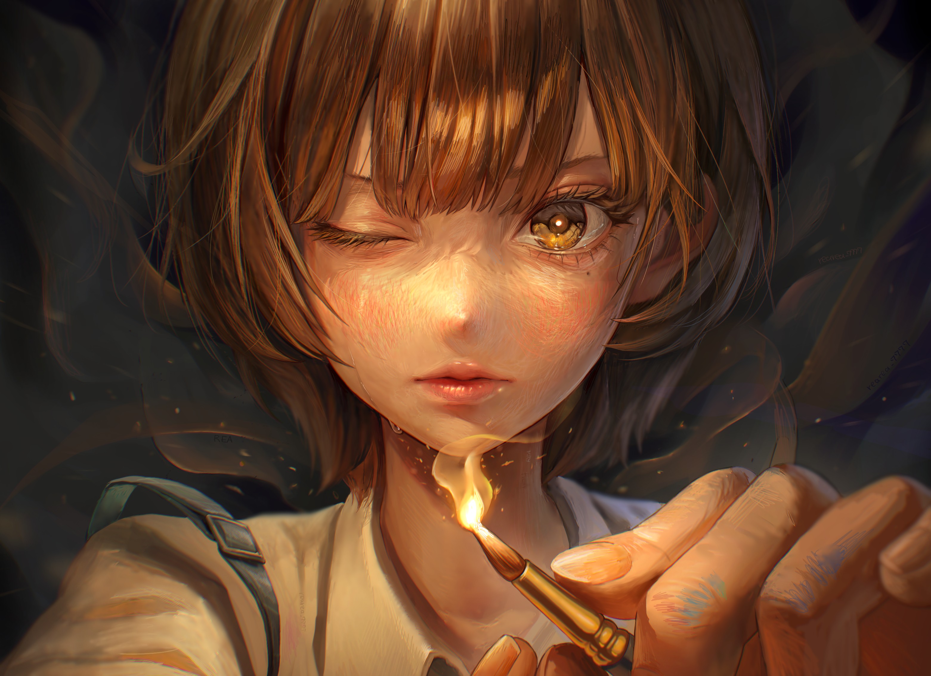 Anime Anime Girls Brunette Short Hair Brown Eyes Nails Looking At Viewer Paint Brushes Fire Smoke Cr 3122x2266