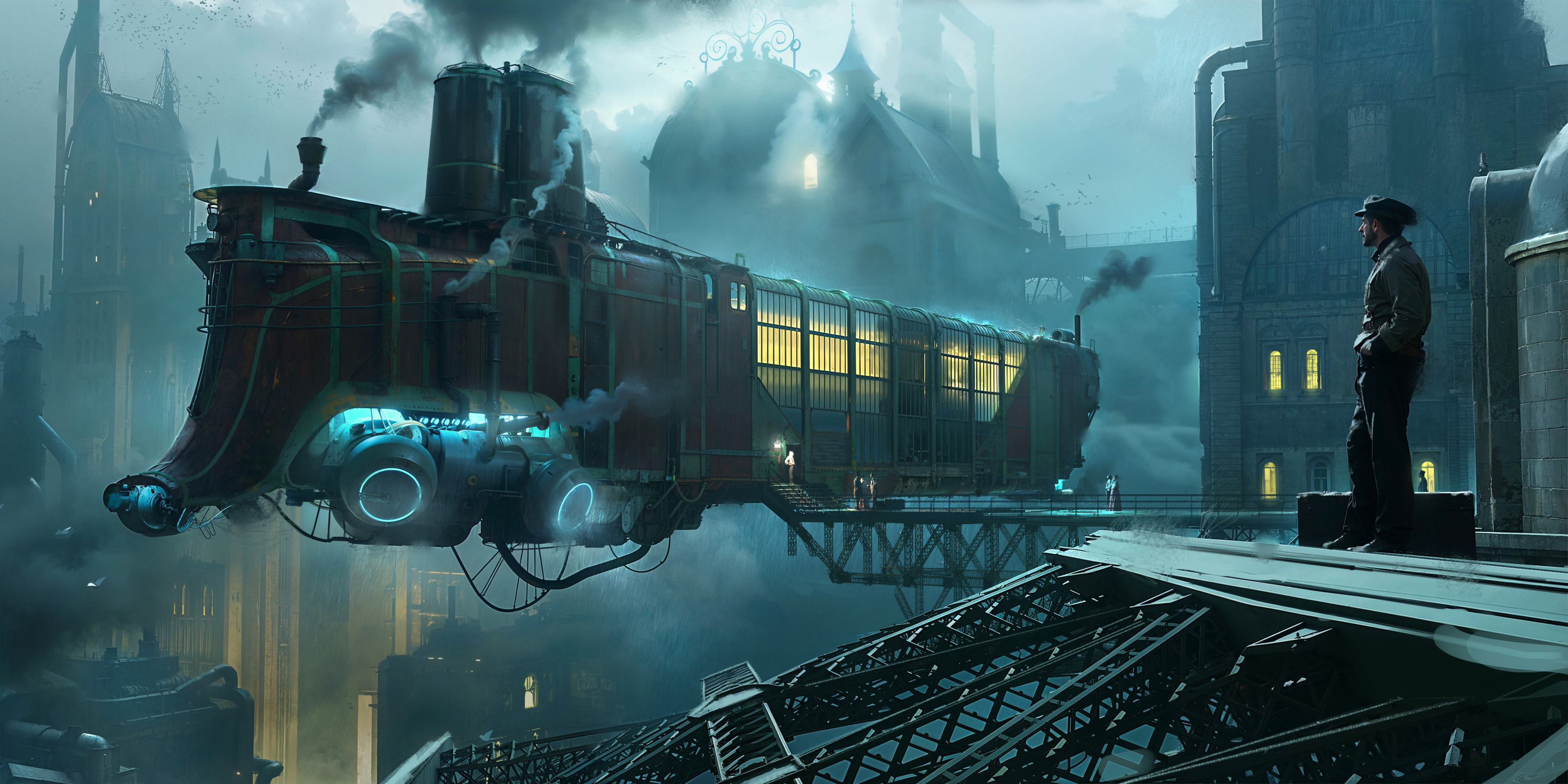 Louis Laurent Digital Art Artwork Illustration CGi Architecture Train Futuristic Men Smoke City City 3840x1920