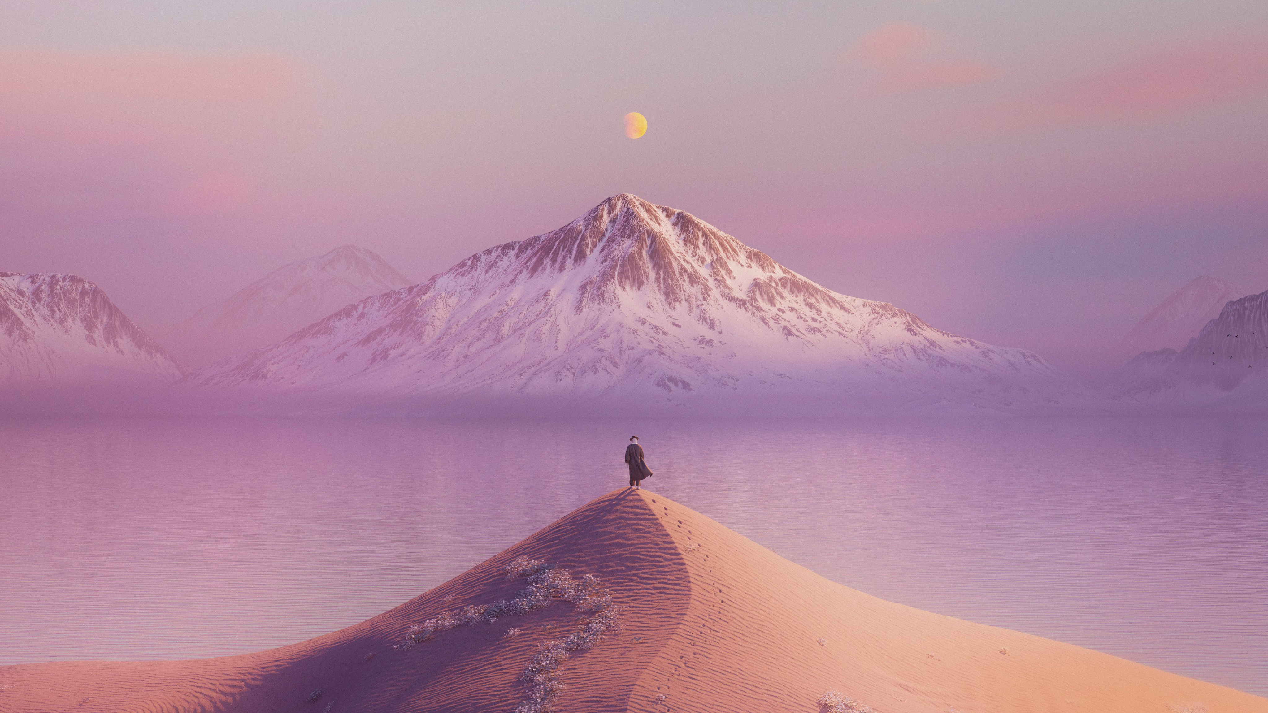 Digital Art Artwork Illustration Landscape Sea Water Mountains Desert Dunes Snow Moon 4096x2304