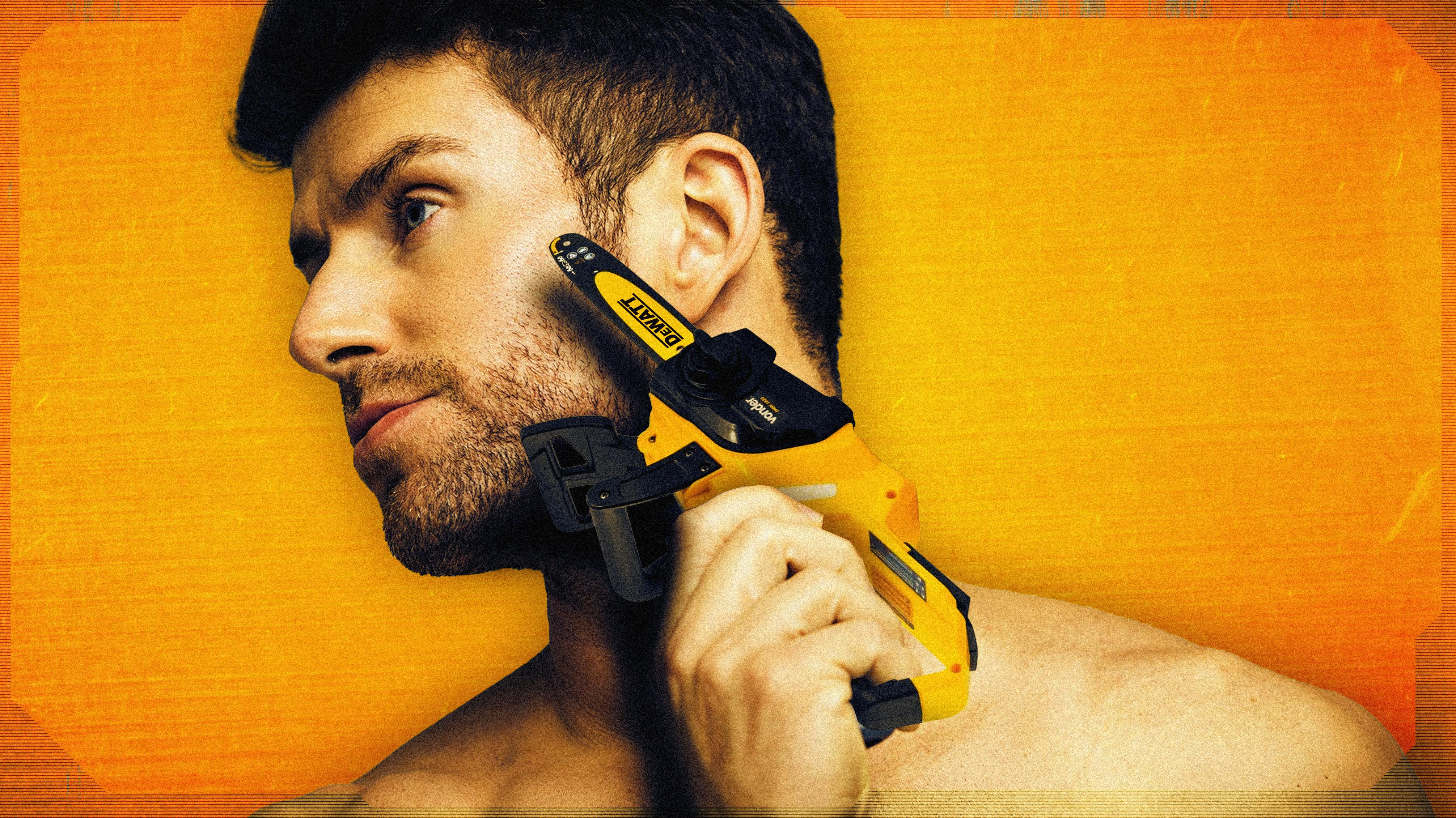 Photoshopped Poster Advertisements Yellow Yellow Background Technology Tools Chainsaws Artwork Digit 4024x2262