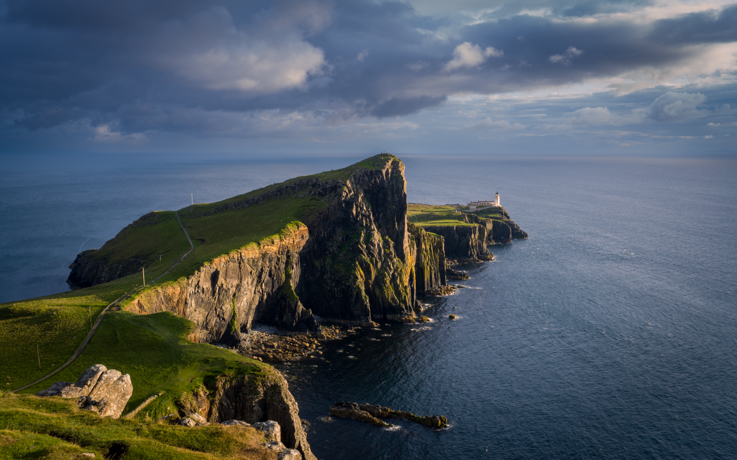 Nature Landscape Clouds Sky Sea Lighthouse Rocks Coast Dirt Road Water Ripples Horizon Far View Gras 2560x1600