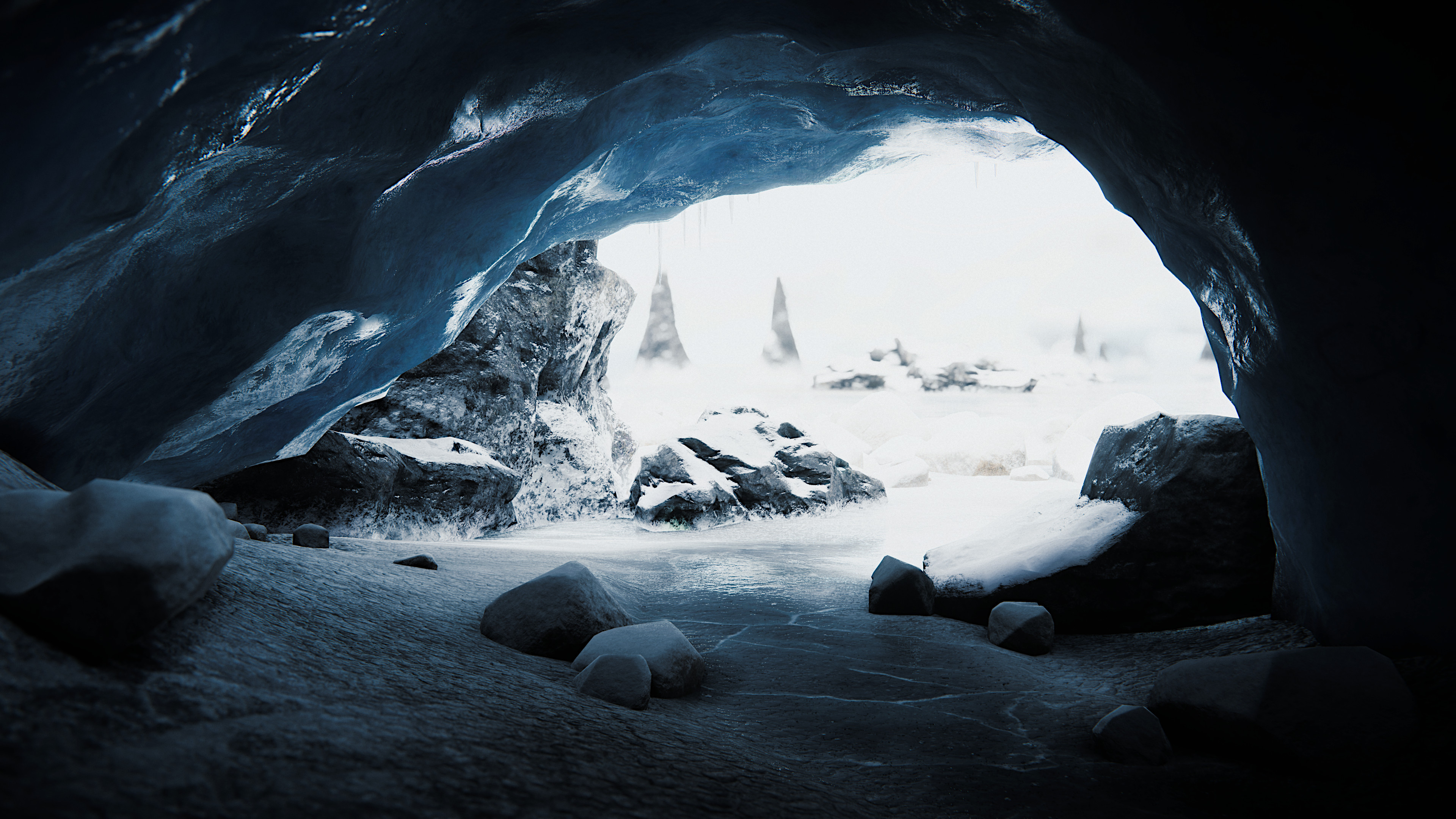 Cave Winter Rocks Cold 3840x2160