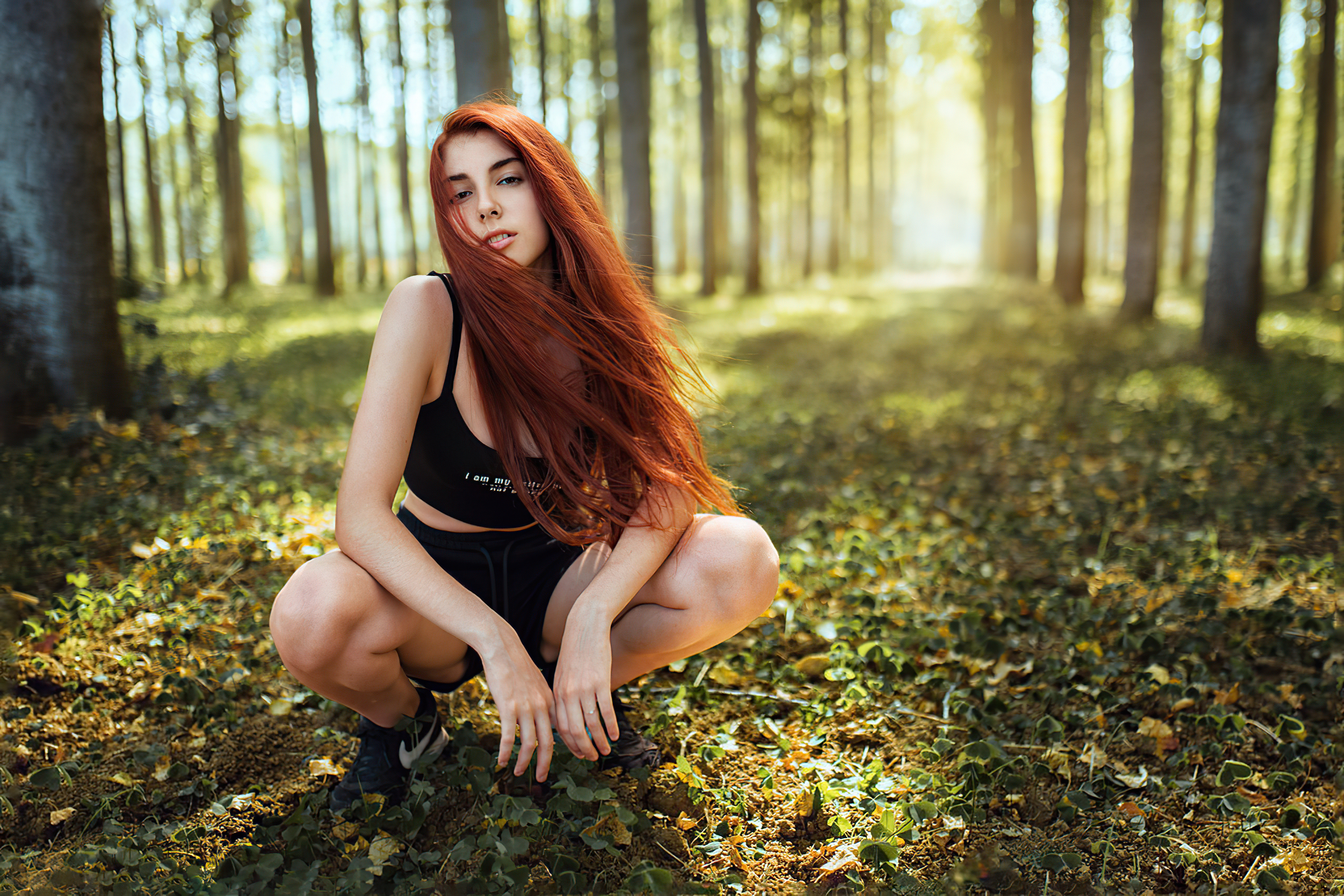 Women Redhead Caucasian Long Hair Black Clothing Forest Brown Eyes Depth Of Field Squatting Legs Sne 3840x2561