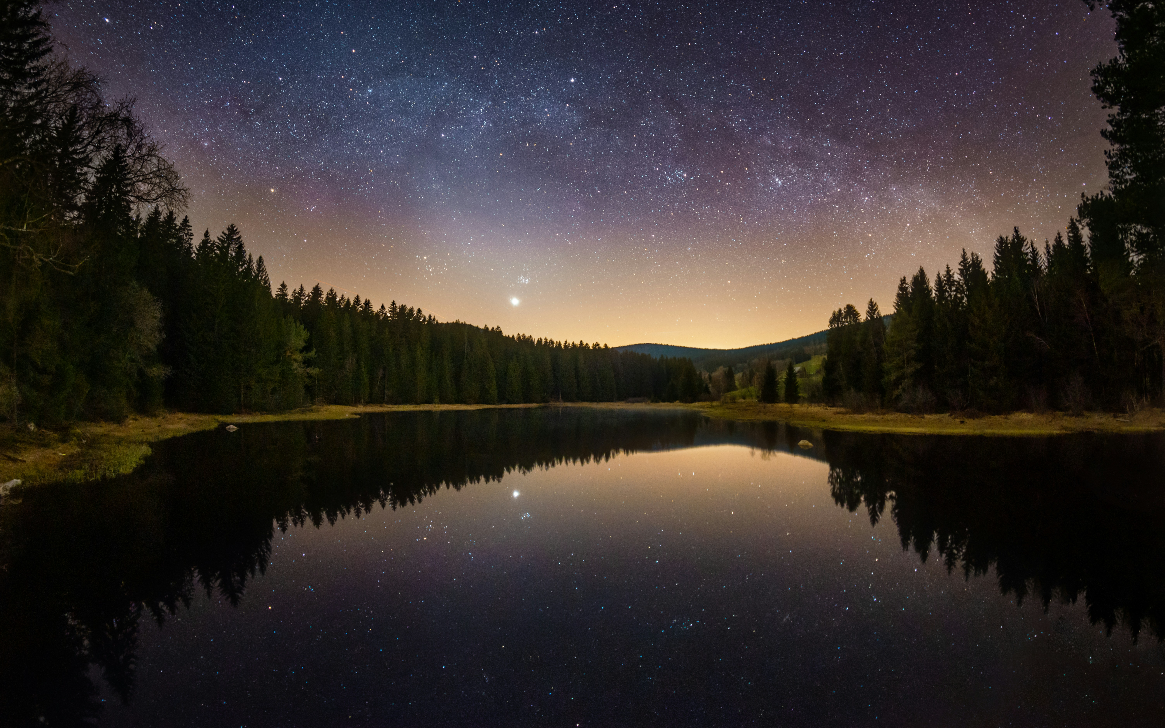 Nature Landscape Forest Trees Pine Trees Spruce River Reflection Night Stars The Black Forest German 3840x2400