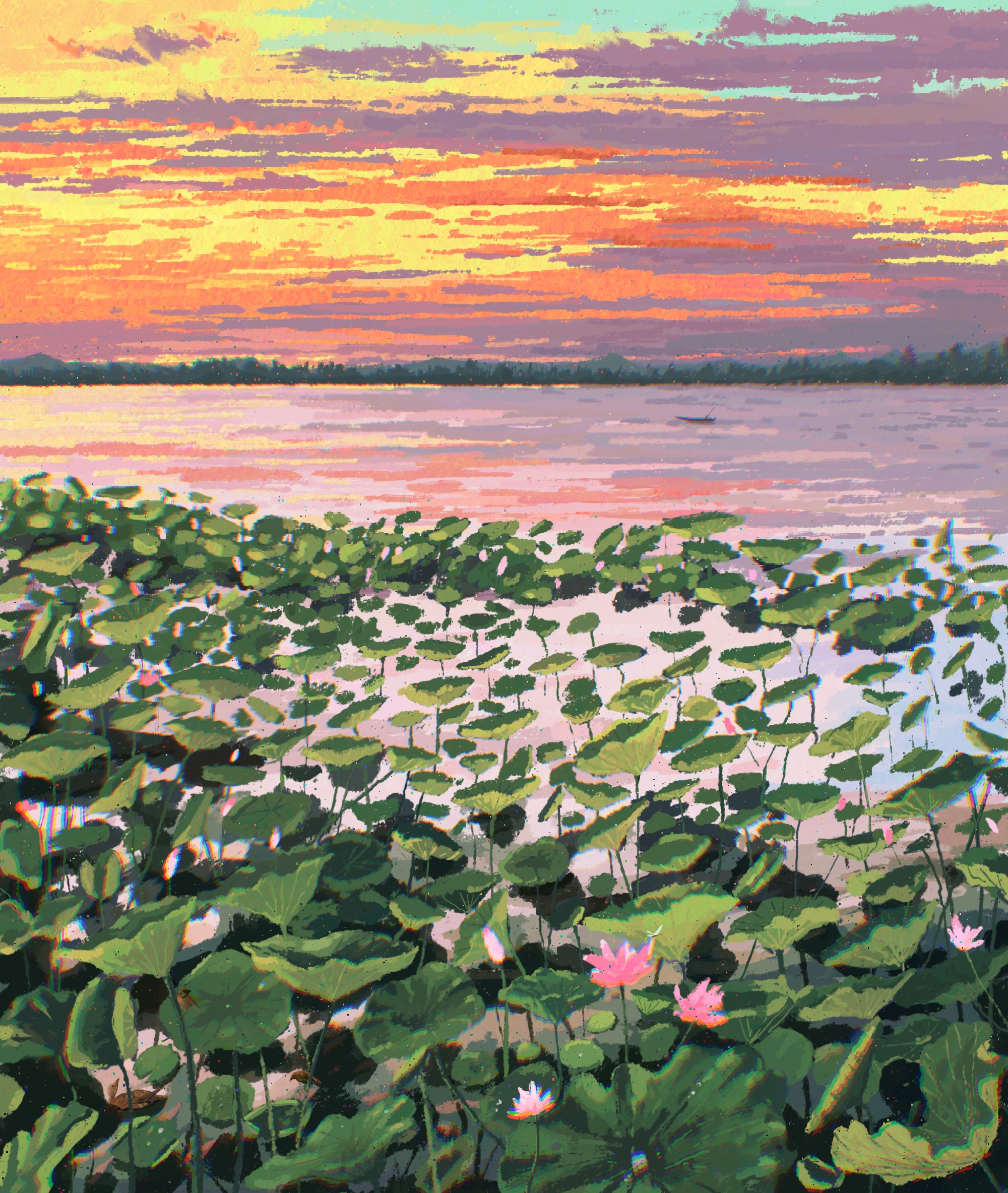 Digital Art Clouds Sunset Lake Water Lilies Boat Water Fangpeii Portrait Display Sky Outdoors Evenin 2000x2367