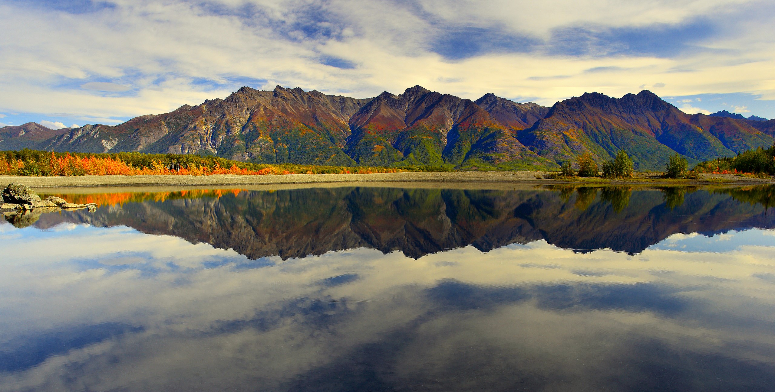 Nature Landscape Mountains Trees Water Lake Reflection Sky Clouds Alaska USA Dave Krause 2560x1297