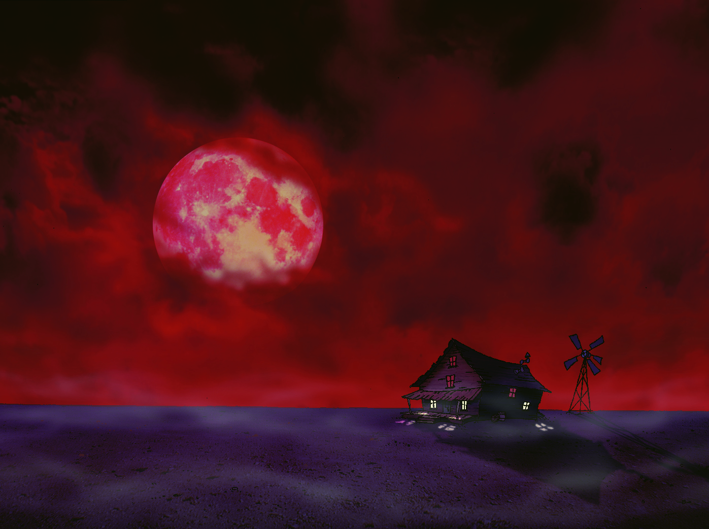 Courage The Cowardly Dog Cartoon Night Full Moon Mist Cottage Wasteland Windmill Red Sky House Moon 1397x1043
