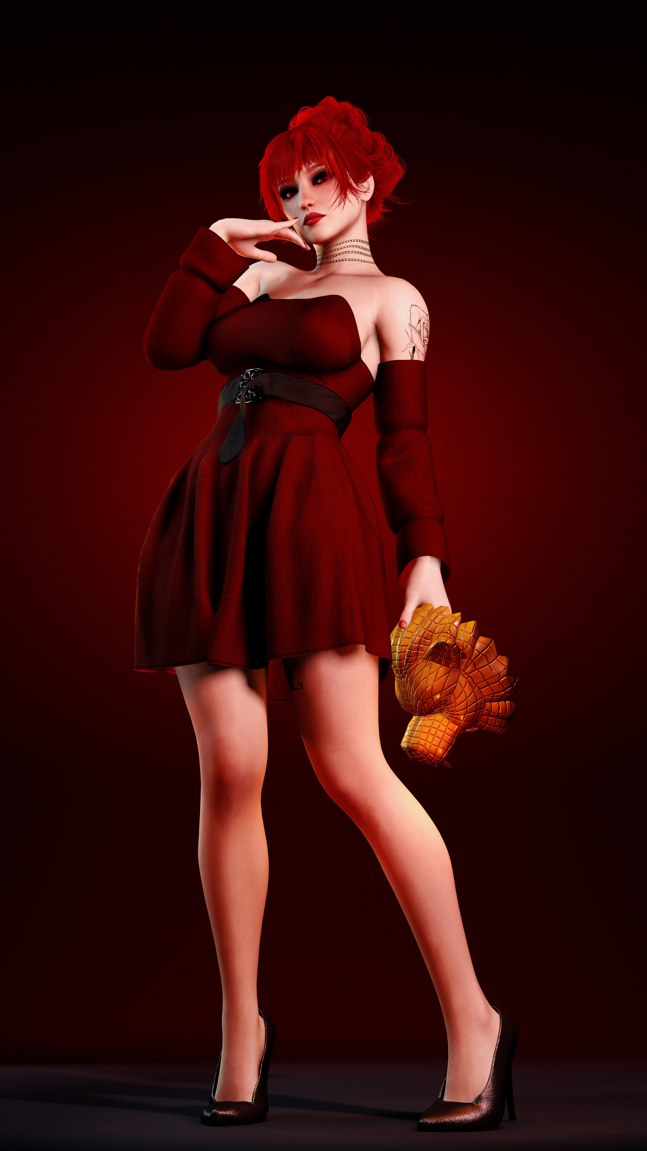Mary Mushkin NoPixel Digital Art Red Dress High Heels Redhead Hairbun Necklace Tattoo Looking At Vie 2160x3840