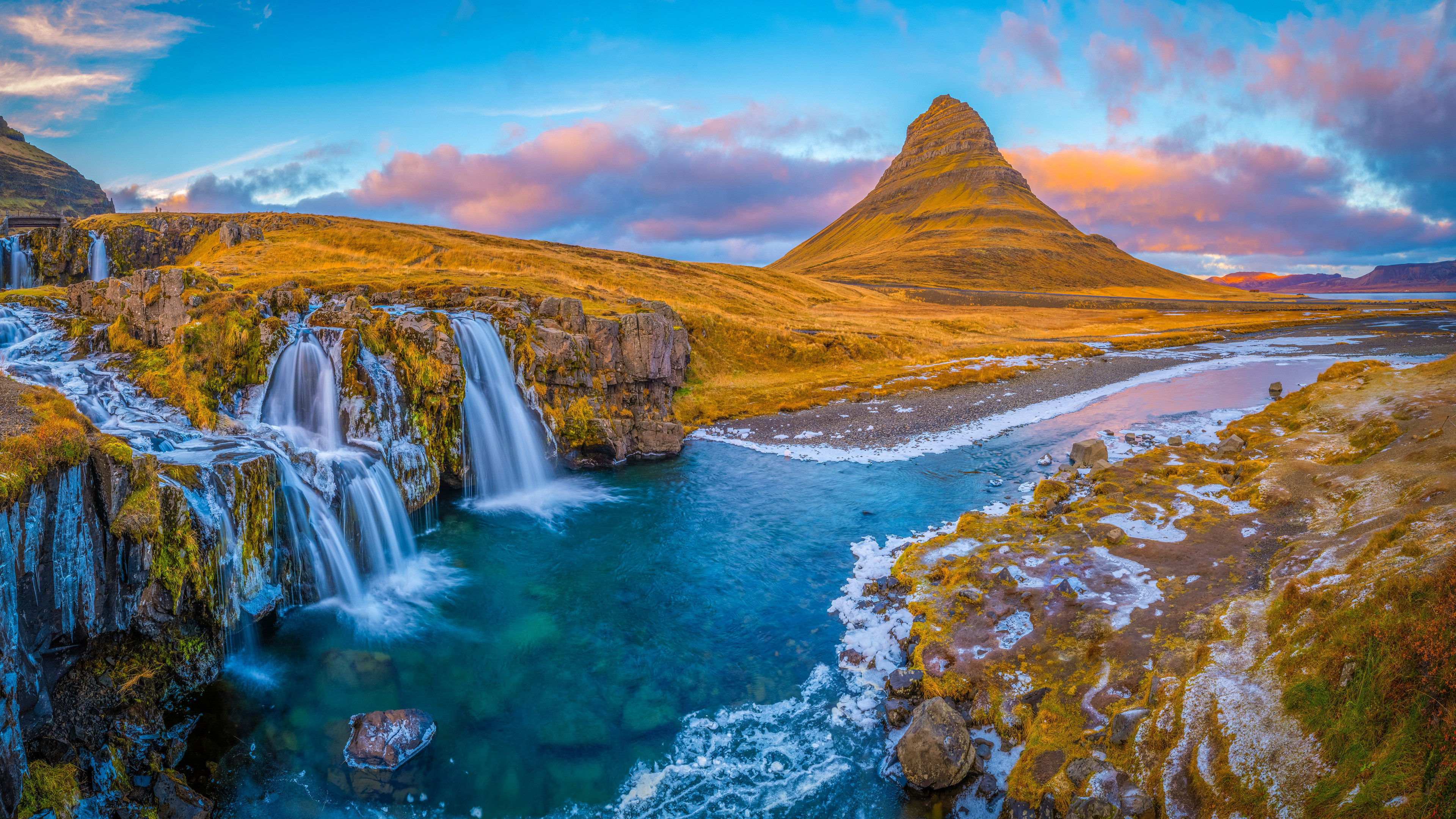 Iceland Nature Landscape Waterfall River Mountains Water Sunset Sky Clouds Stones Kirkjufell 3840x2160