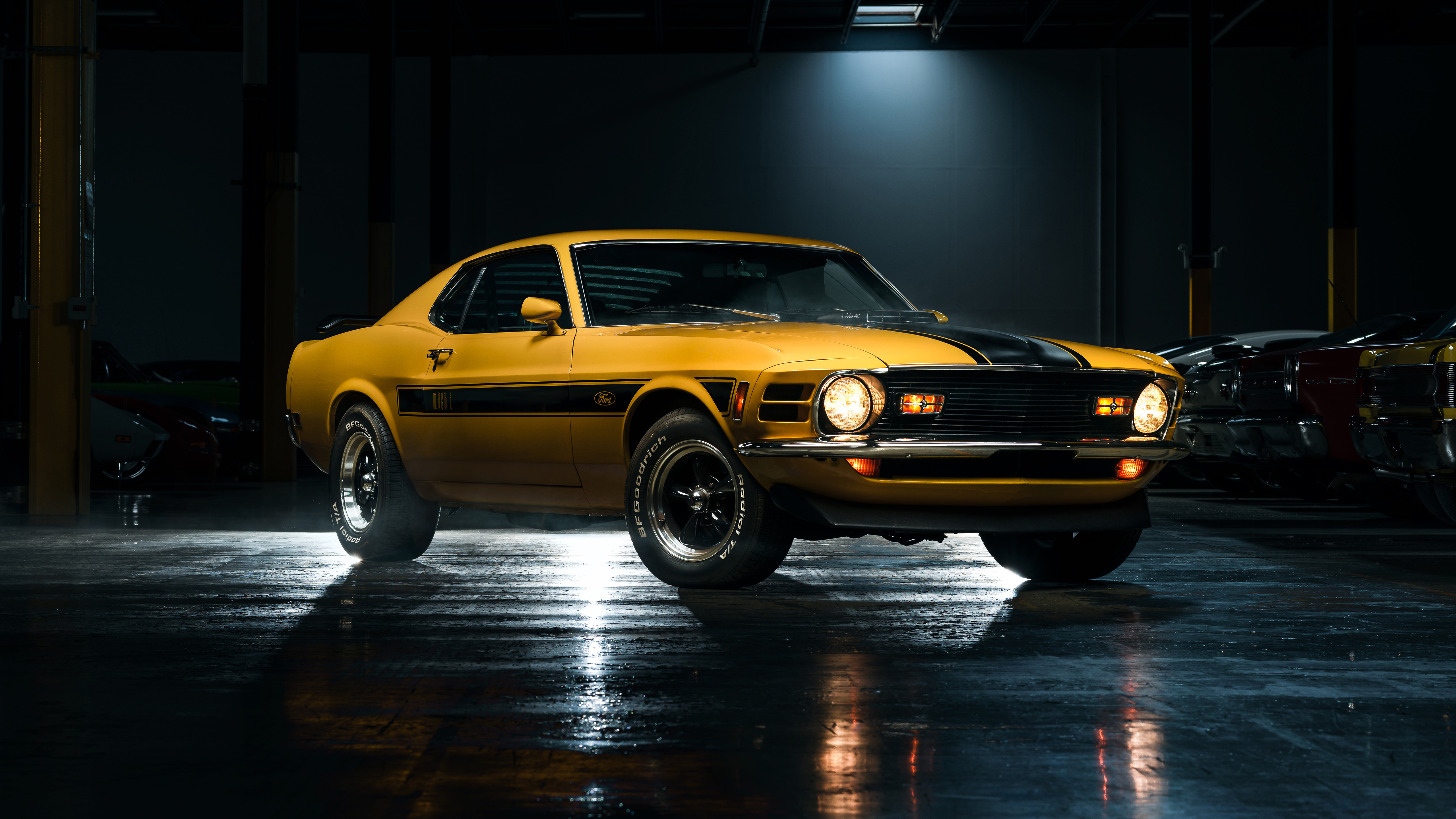 Ford Mustang Mach 1 Ford Mustang Ford Car Muscle Cars Yellow Cars Low Light Parking Lot 5120x2880