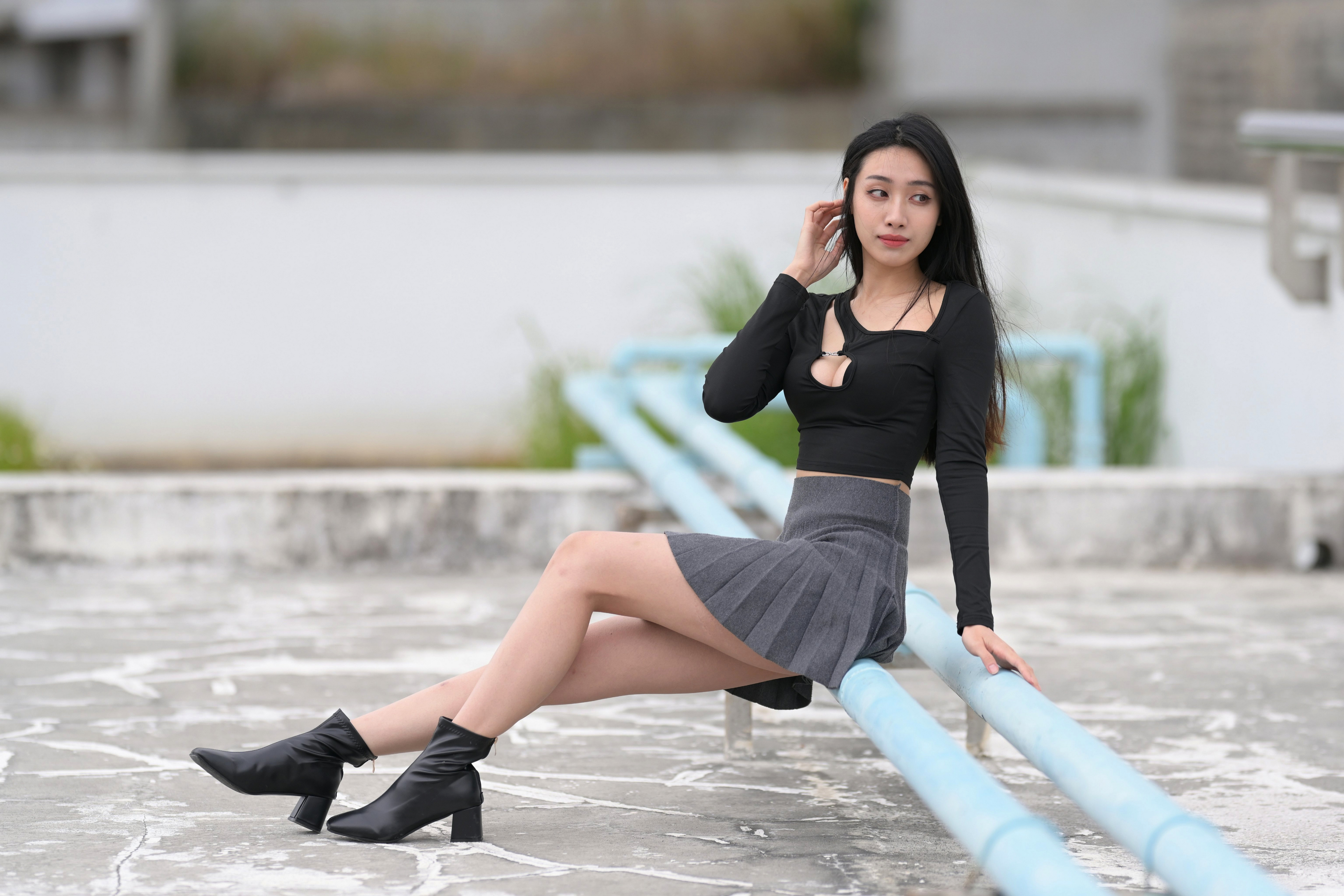 Asian Model Women Long Hair Dark Hair Sitting Bench 4500x3000