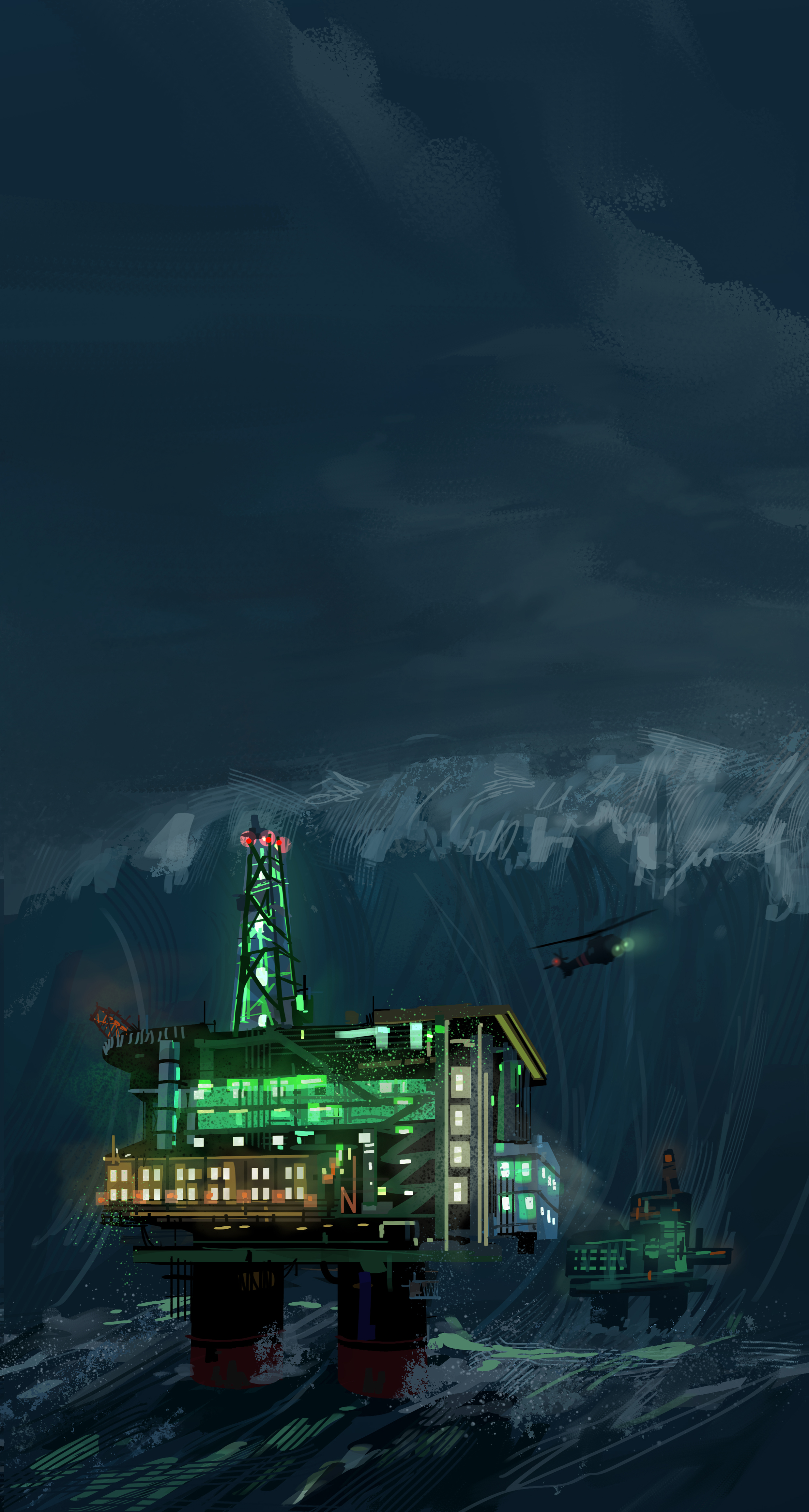 Digital Art Illustration Waves Oil Rig Archie Chrisanthou Sea Tsunami 2480x4637