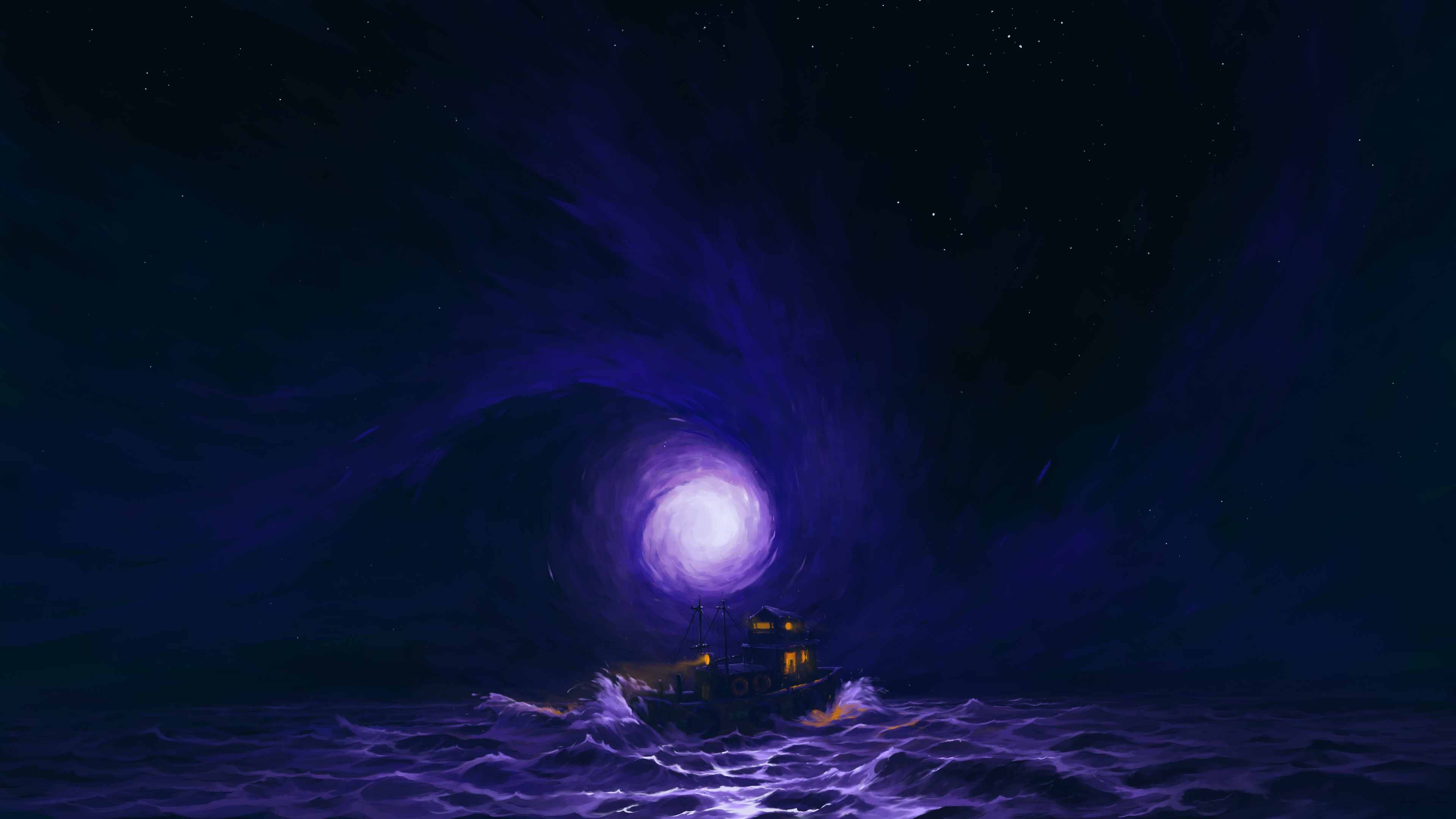 BisBiswas Digital Art Artwork Illustration Landscape Nature Clouds Sea Water Boat Stars Moon Lights  3840x2160