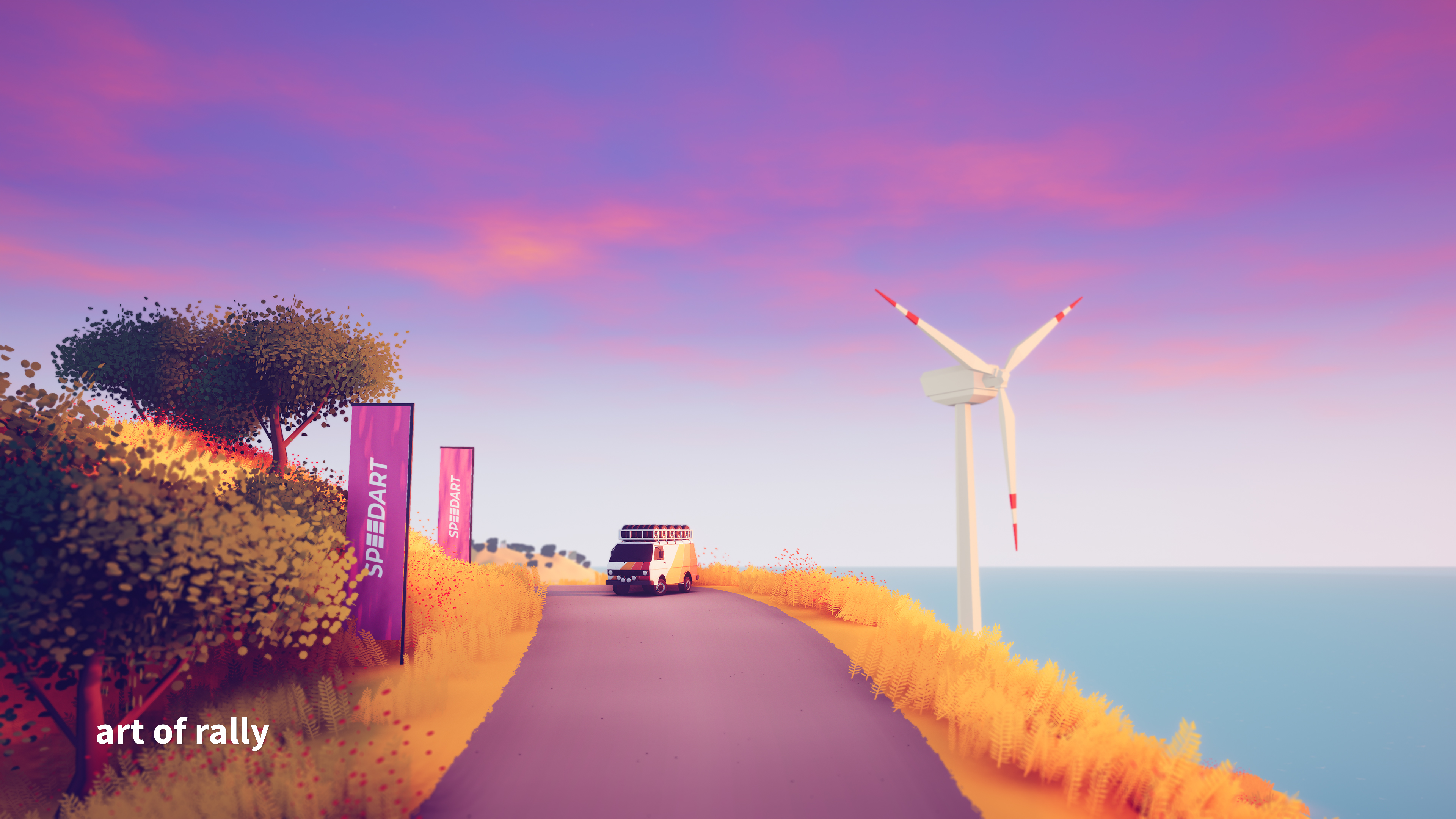 Art Of Rally Road Sea Side Grass Van Dusk Windmill Sea Flag Trees 3840x2160