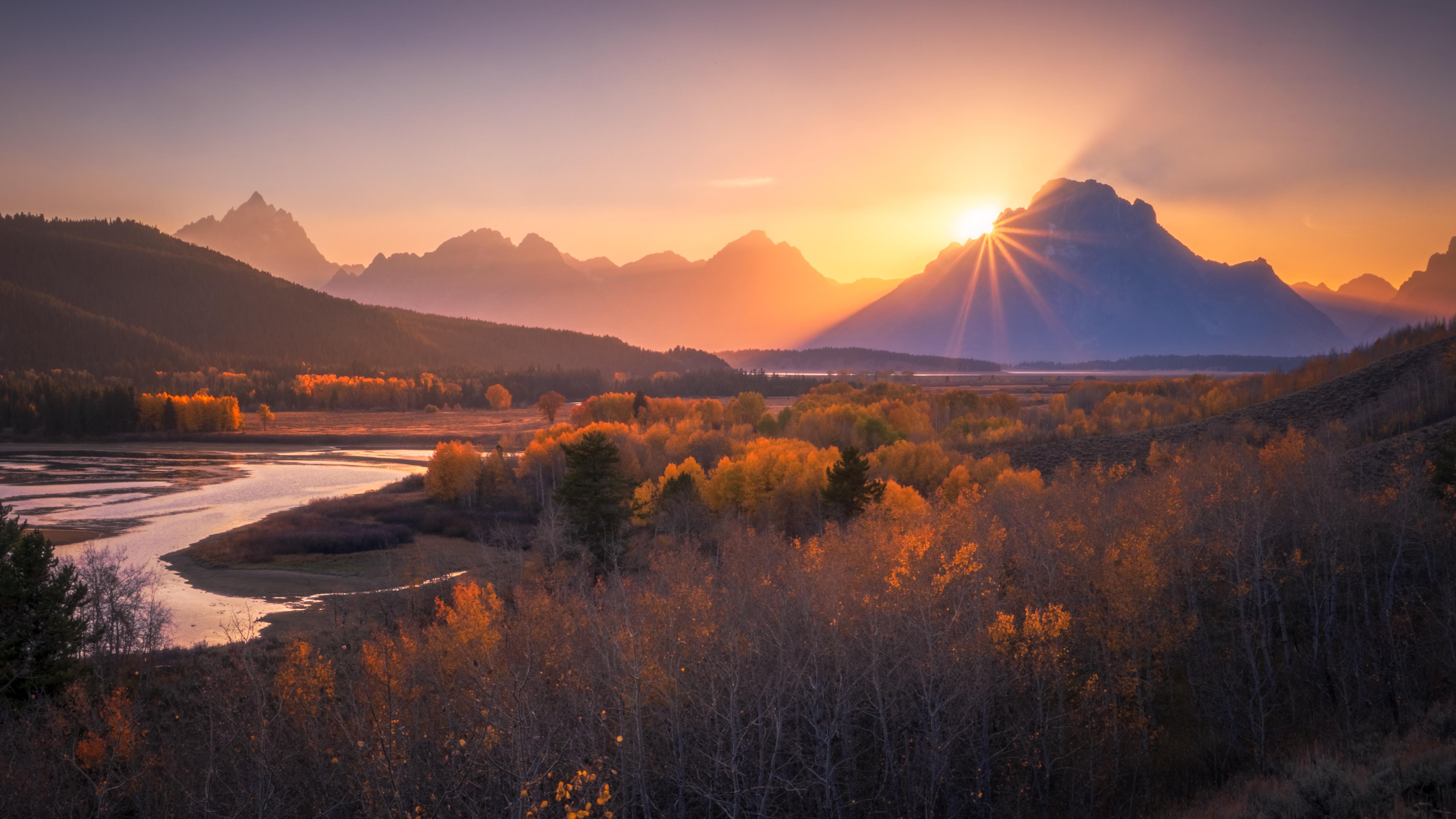 Sunset Mountains Forest Landscape Nature Fall River Sun Rays Wyoming USA North America Grand Teton N 5038x2834