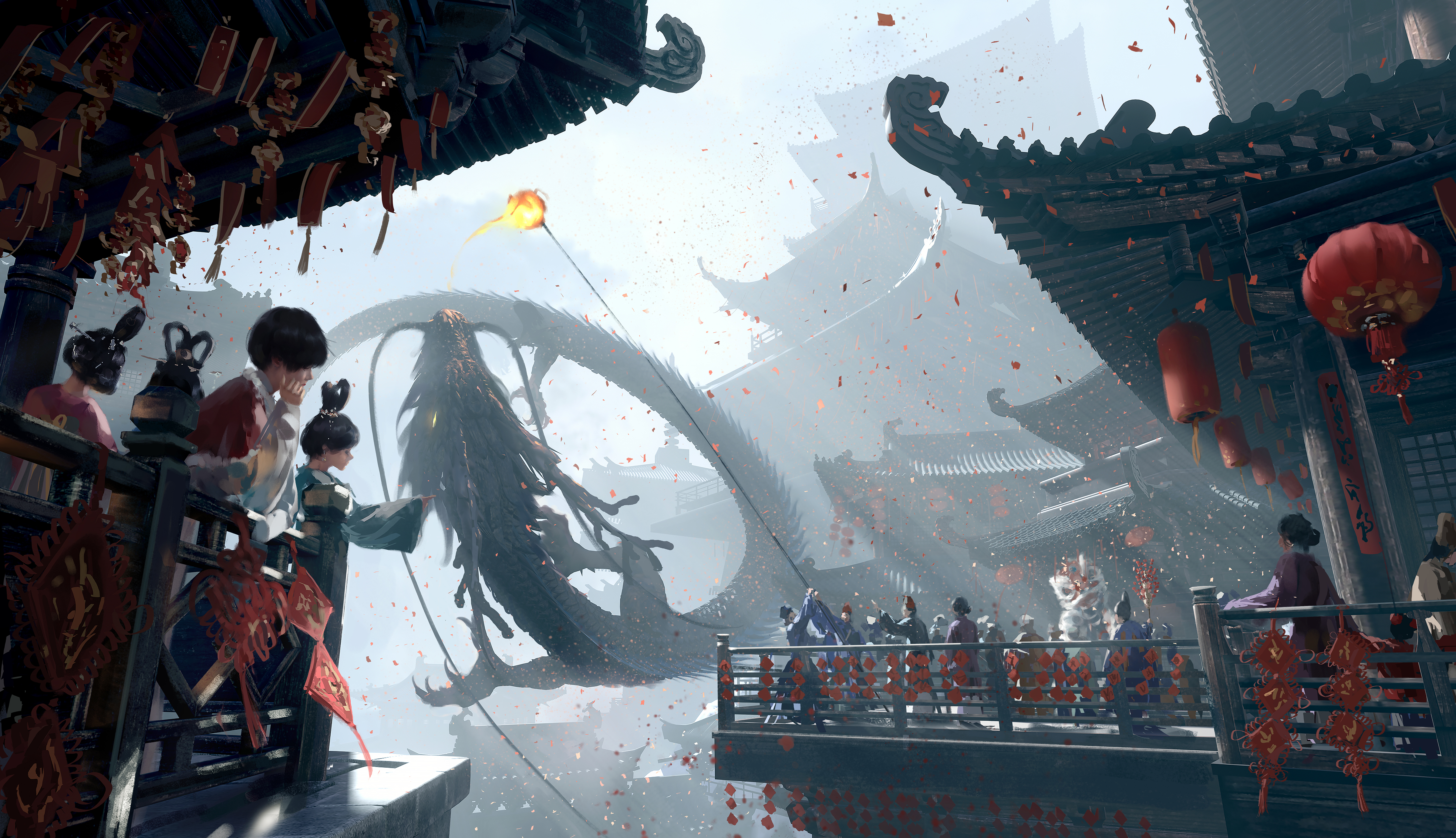 WLOP Digital Art Artwork Illustration Fantasy Art Dragon Architecture China Crowds Holiday Chinese D 4800x2763