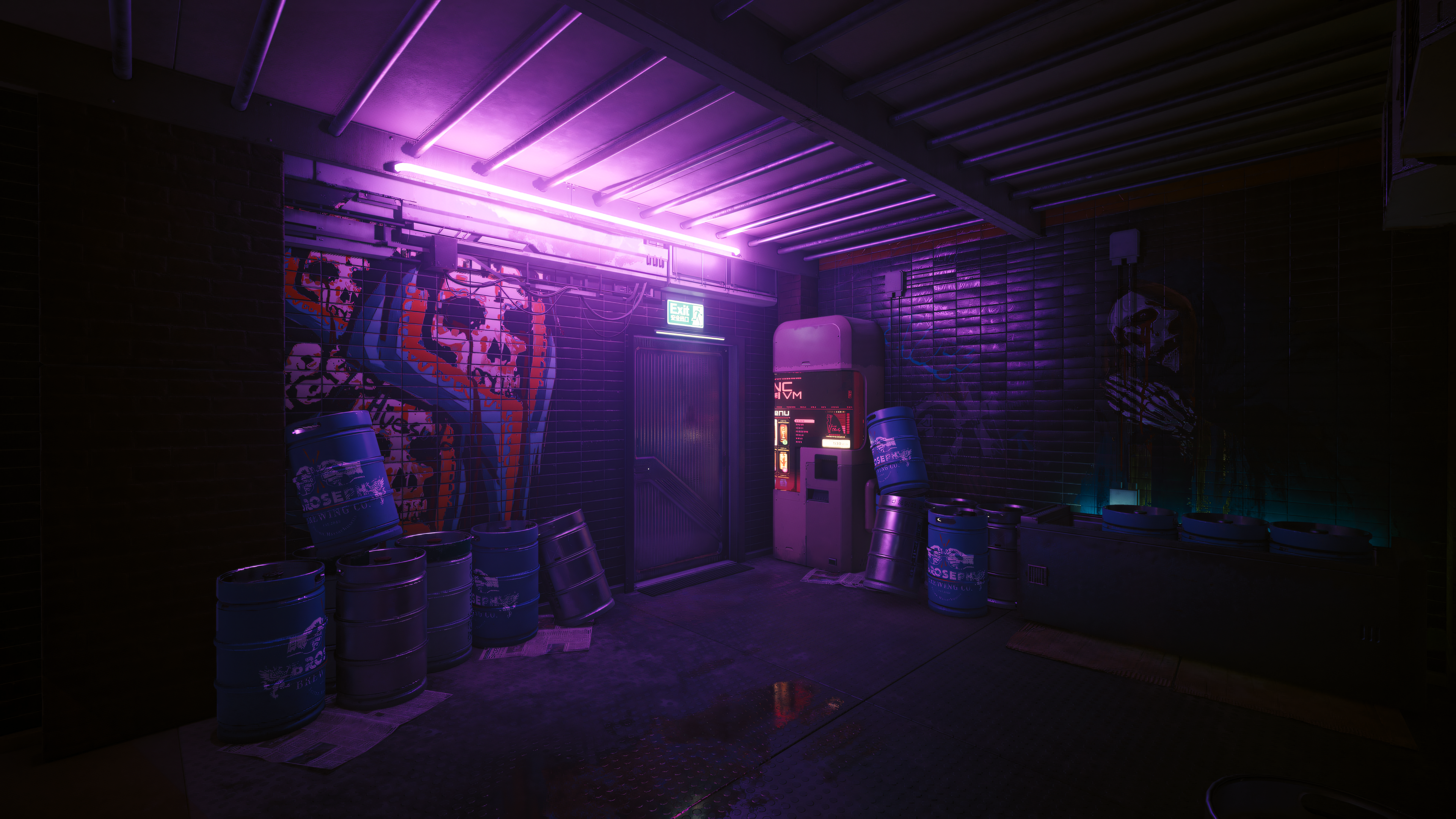 Neon Purple Pink Graffiti Containers Fridge Exit Bricks Door Video Games Video Game Art Cyberpunk 20 3840x2160