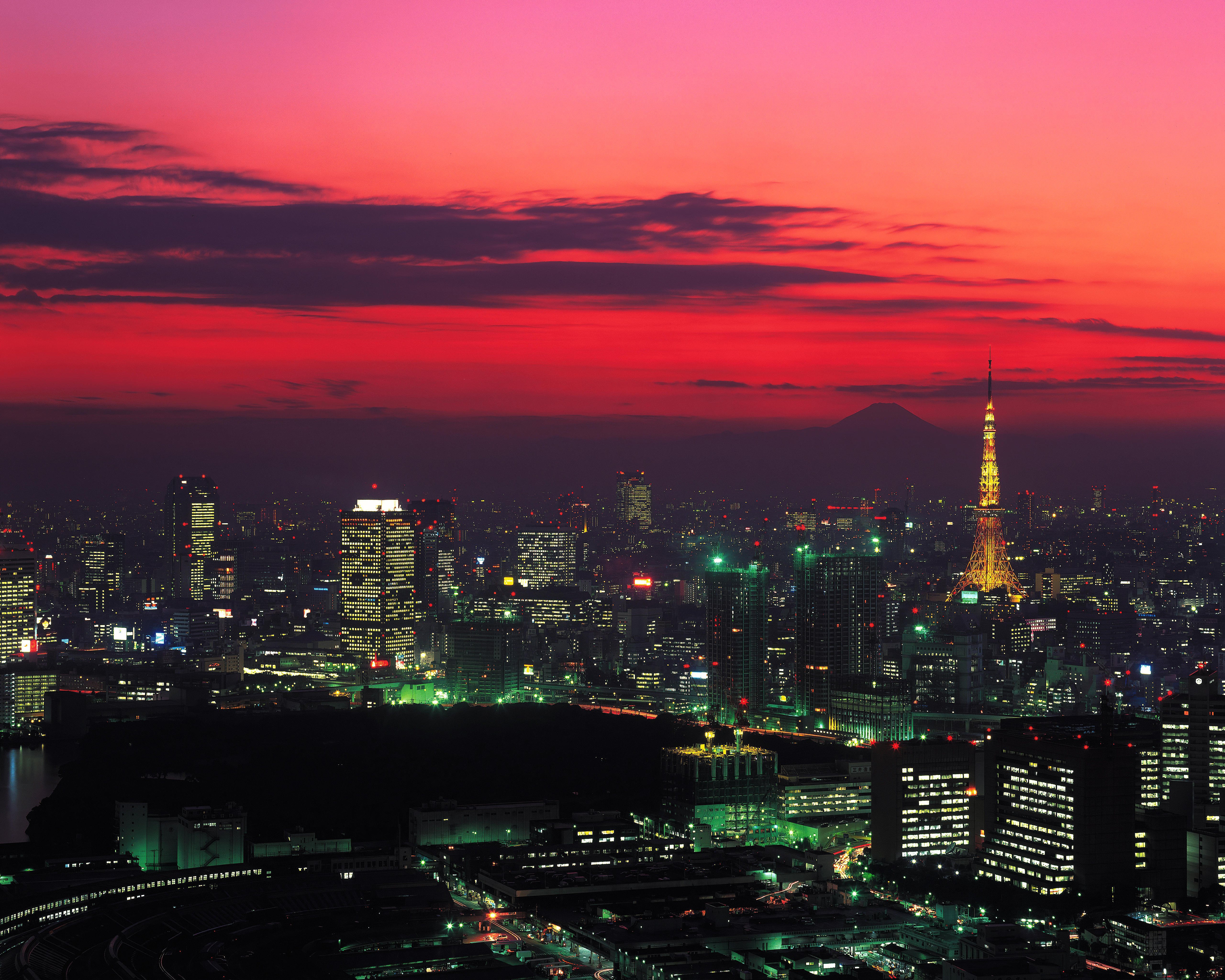 Tokyo Red Sun Sunset City City Lights Dark Building Skyscraper Long Exposure 5120x4096