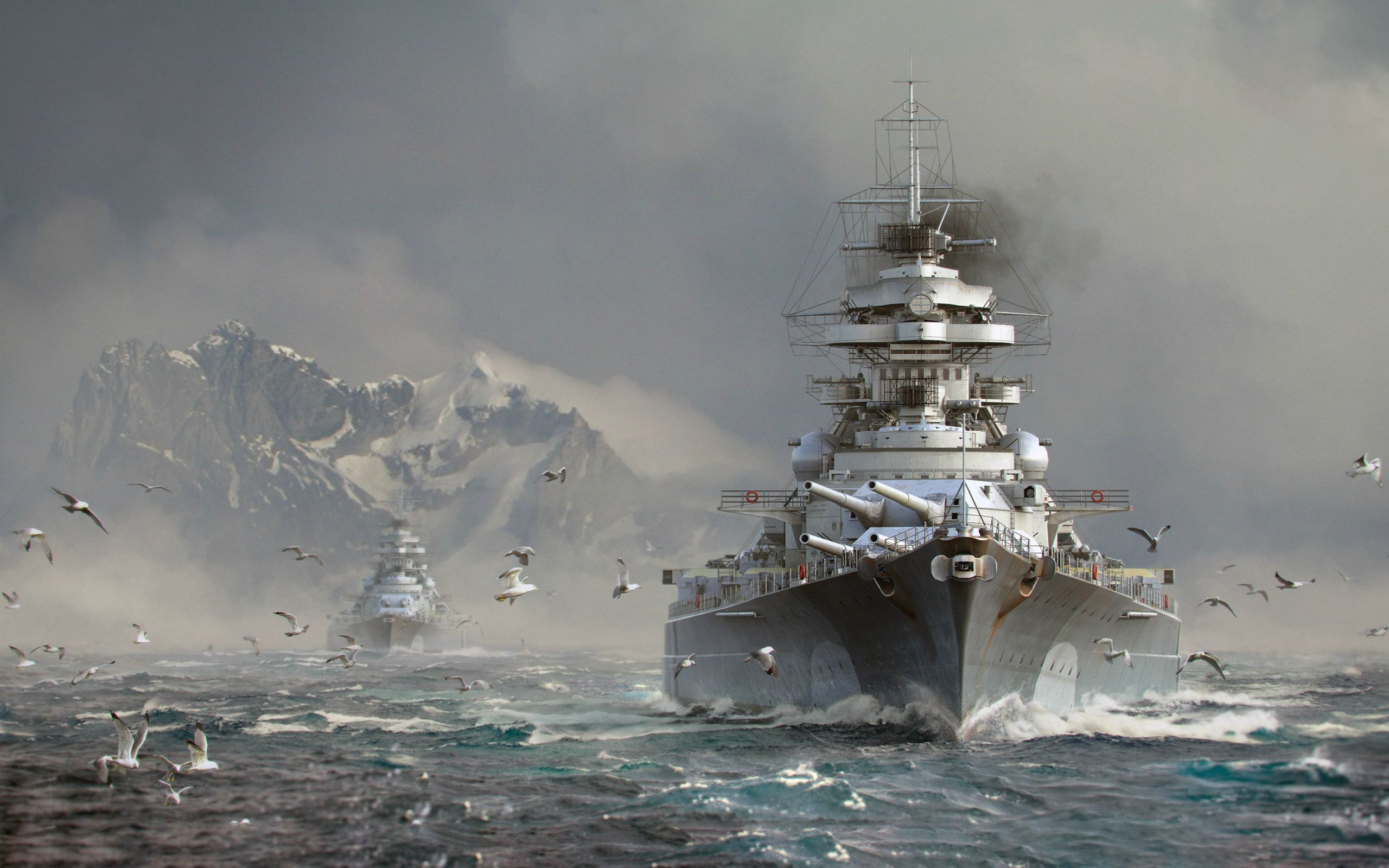 Bismarck Ship World Of Warships Artwork Ship Battleships Warship Sea Mountains Tirpitz Wargaming 2560x1600