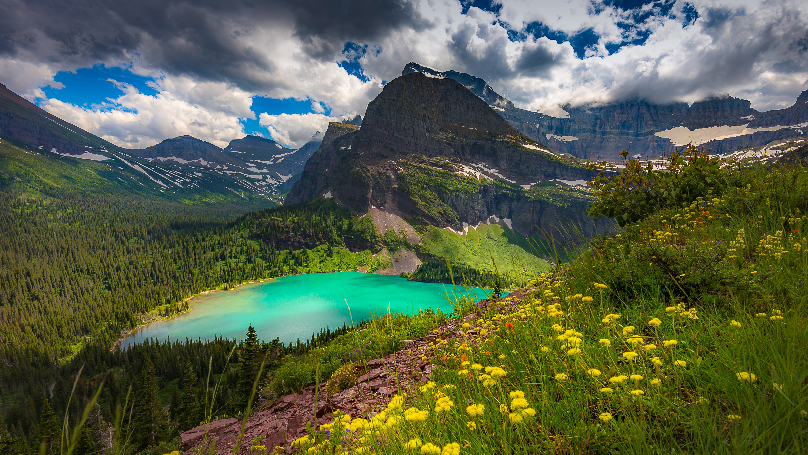 Nature Landscape Clouds Sky Trees Forest Lake Rocks Grass Flowers Yellow Flowers Glacier National Pa 3223x1813