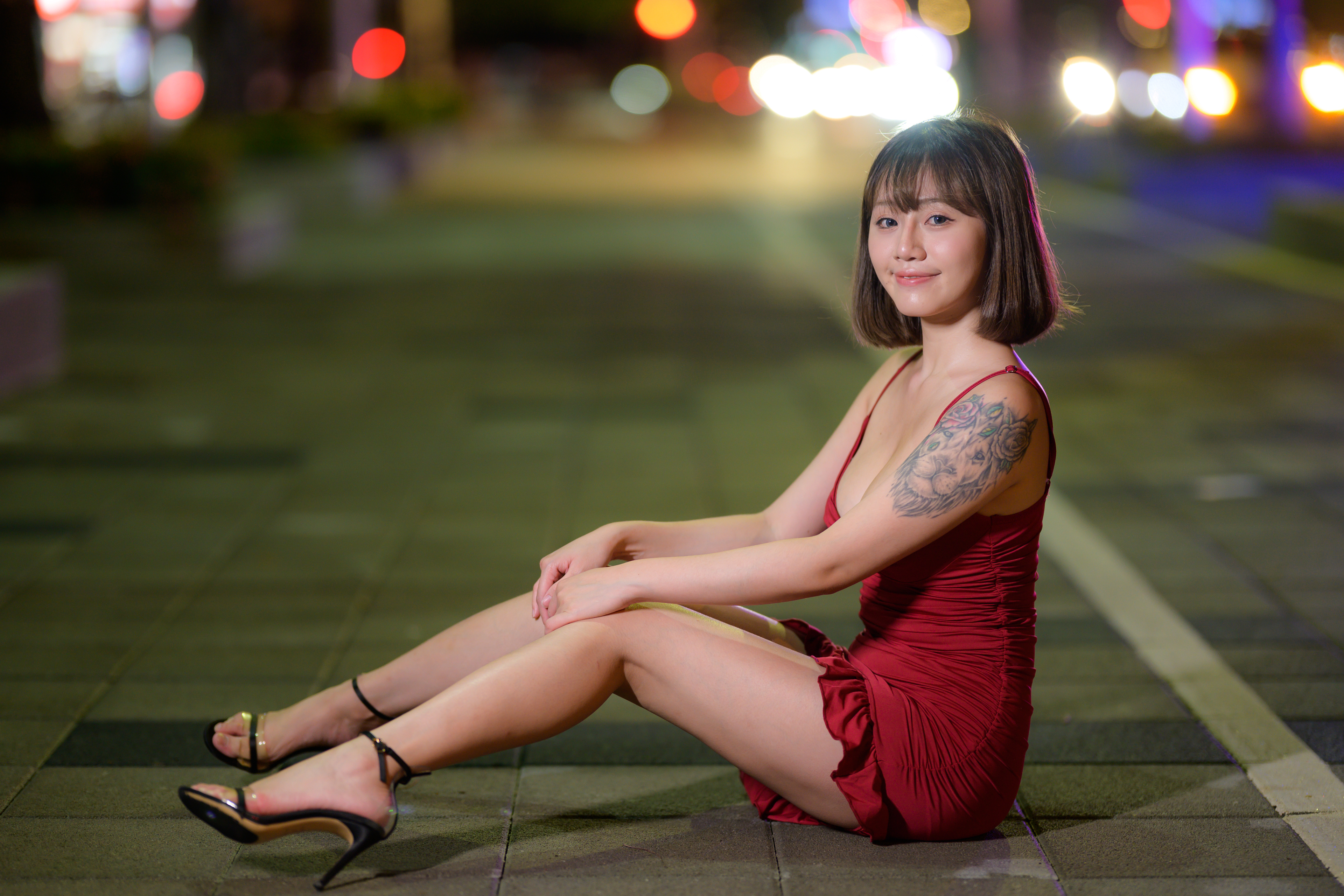 Asian Model Women Short Hair Dark Hair Tattoo Sitting 3840x2560