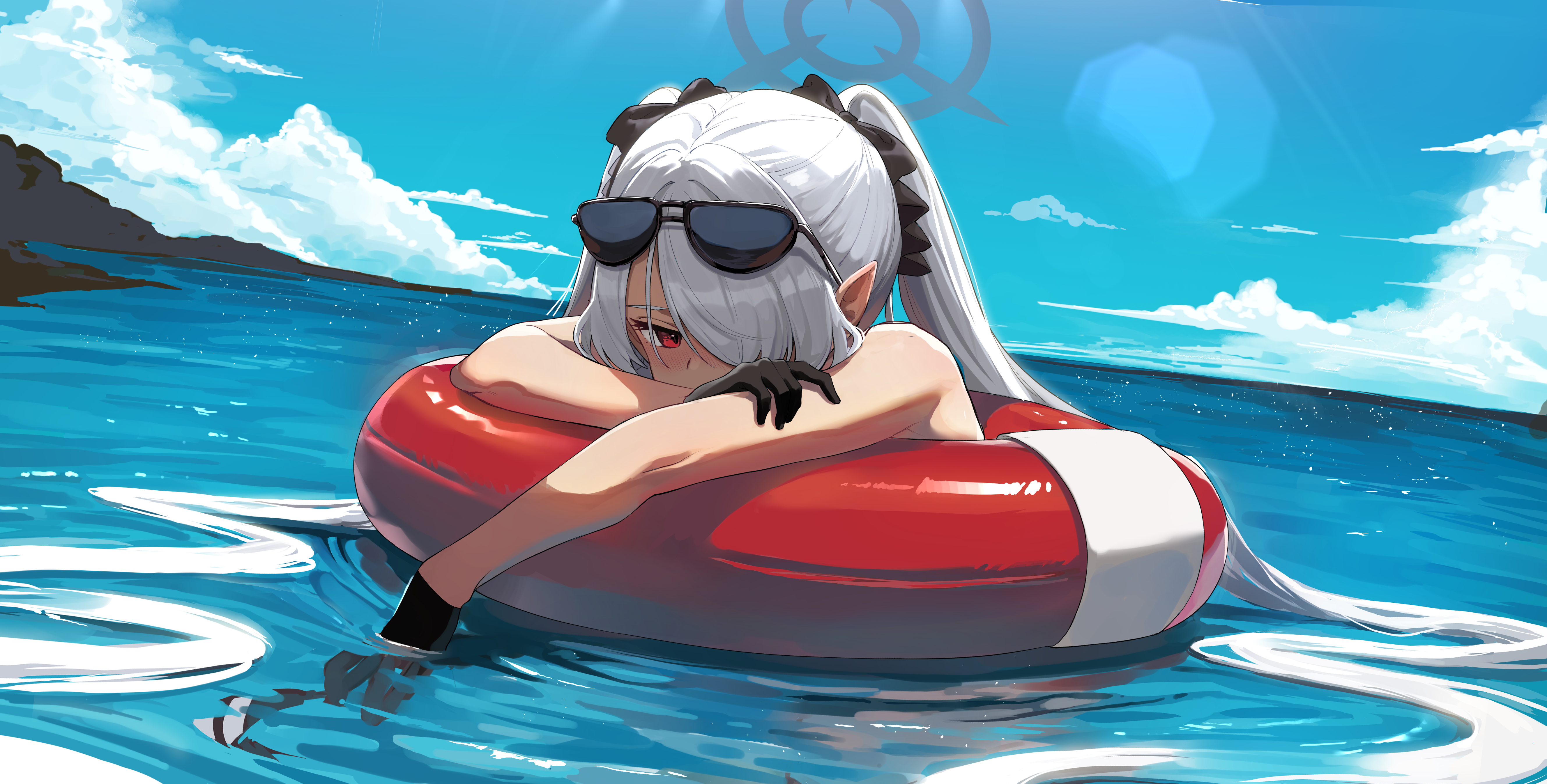 Anime Girls White Hair Floater Hair Over One Eye Red Eyes Sunglasses Looking At Viewer Sea Water Bla 5313x2694